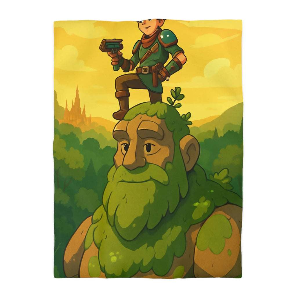 Housse de couette avec aventurier et géant de pierre, tons verts et jaunes