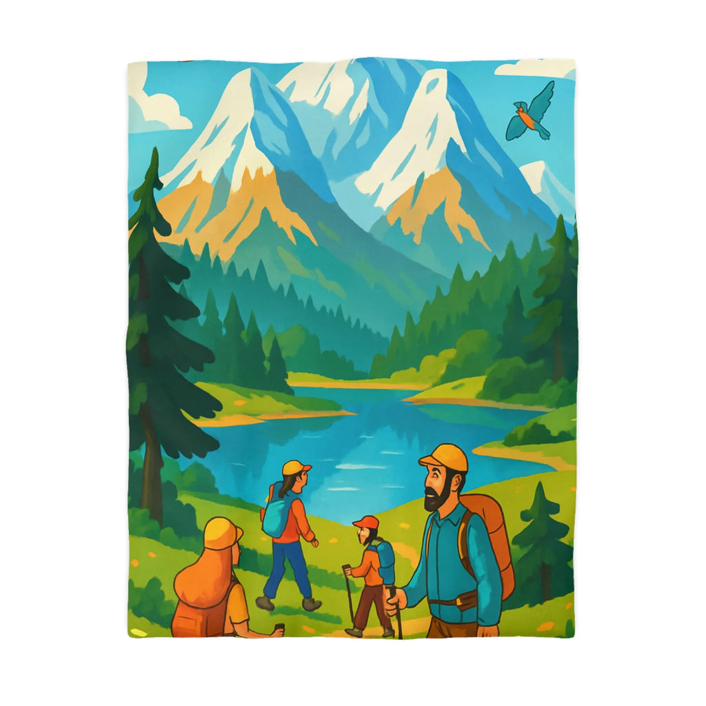 Housse de couette avec famille randonnée devant montagnes majestueuses et lac paisible
