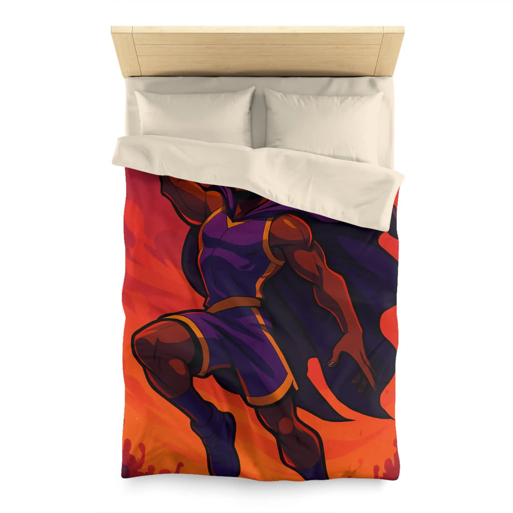 Housse de couette homme volant avec cape et ballon lumineux sur fond orange