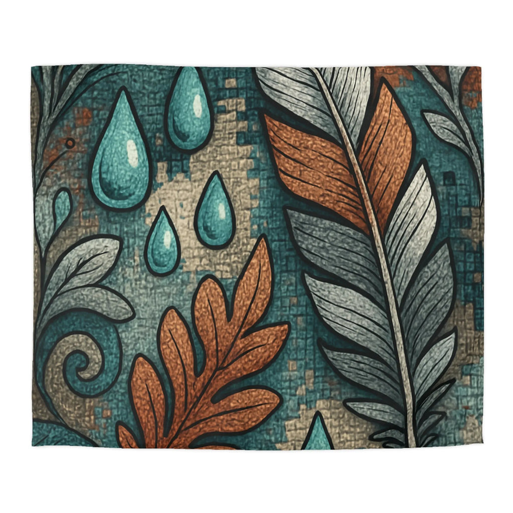 Housse de Couette Élégante avec Plumes et Feuilles, Teintes Bleues et Oranges