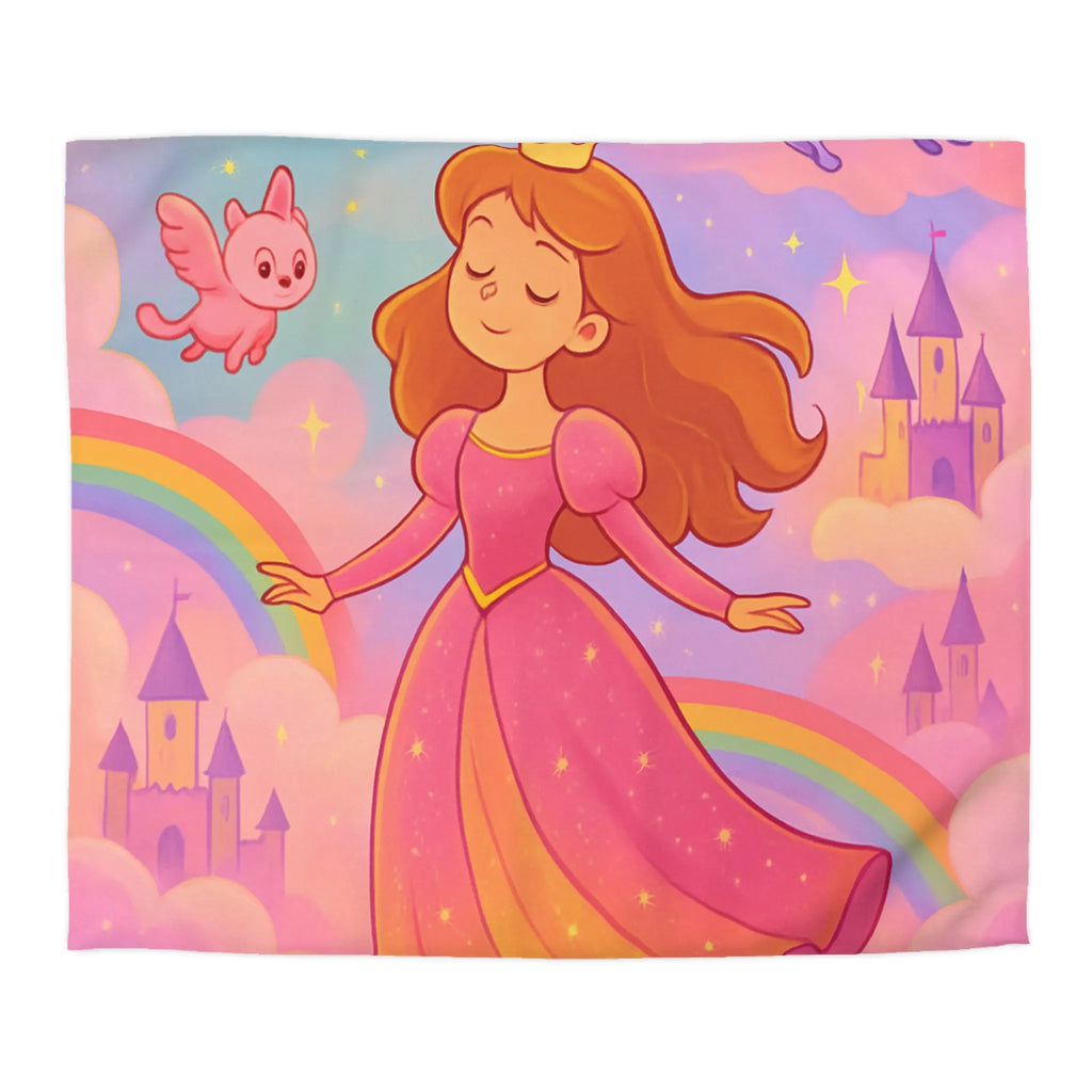 Housse de couette féerique avec princesse et animaux volants, arc-en-ciel pastel doux