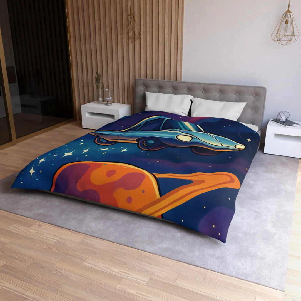Housse de Couette Artistique Spatiale avec Voiture Volante et Planète Saturne Colorée