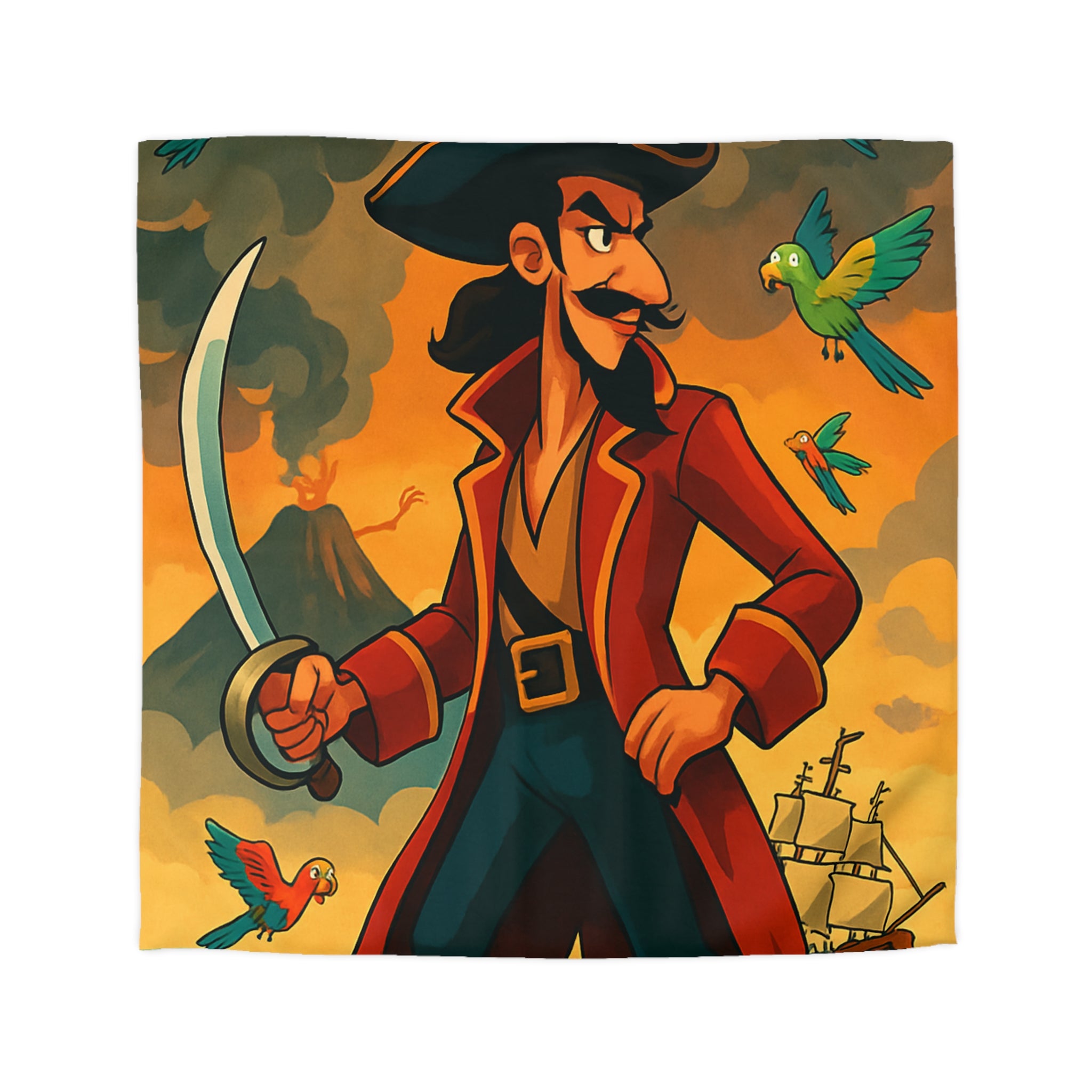 Housse de couette pirate vibrante avec perroquets colorés, volcan actif et bateau en mer