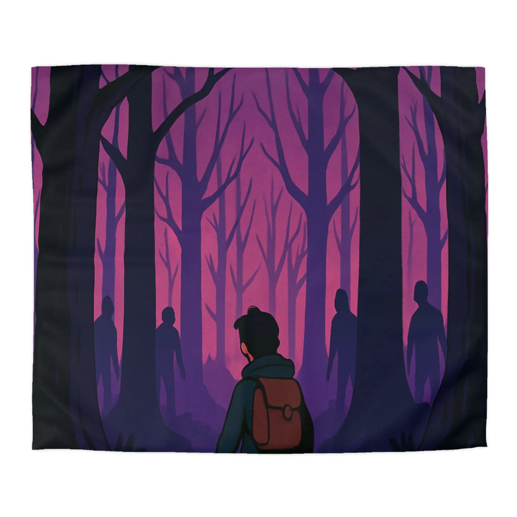 Housse de couette forêt mystérieuse avec personnage silhouette pour ambiance mystique