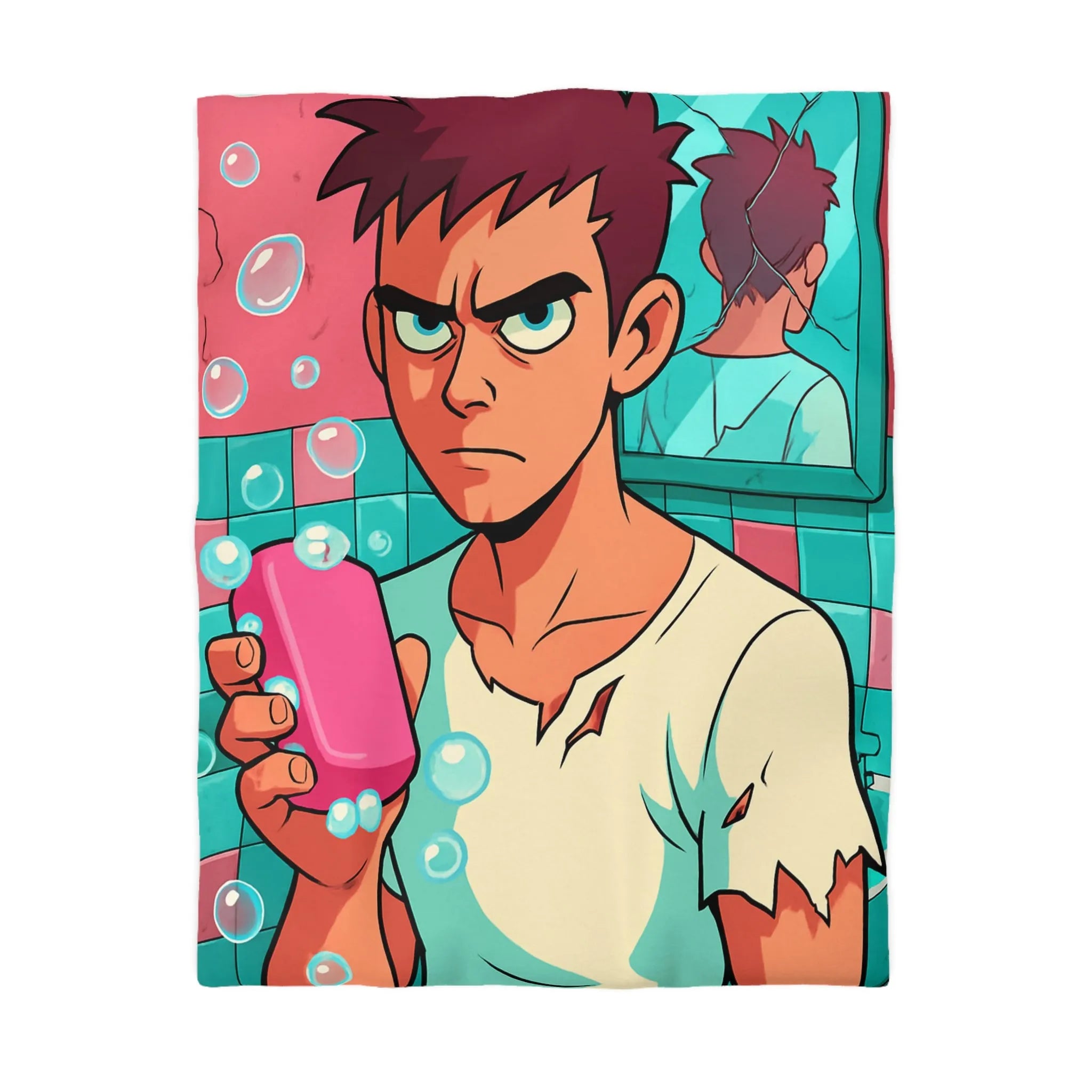 Housse de Couette avec Jeune Homme Déterminé Tenant Un Savon Rose en Colère