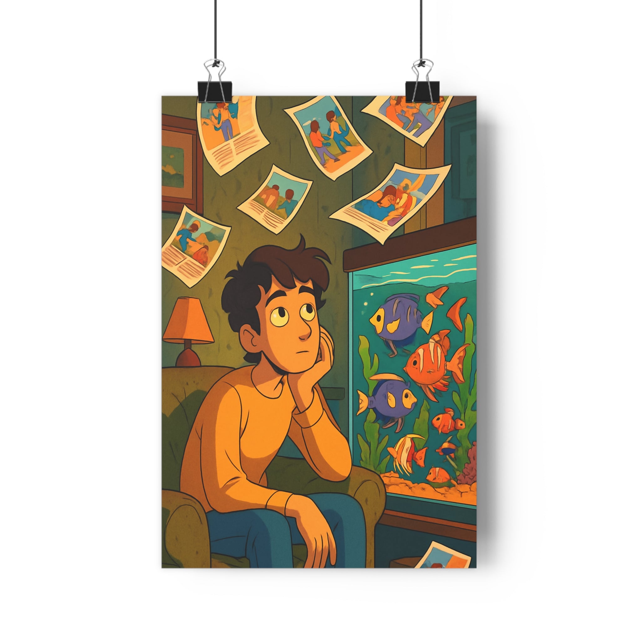 Poster décoratif anime coloré contemplatif rêveur salon chambre vibrant artistique jeune homme poissons photos