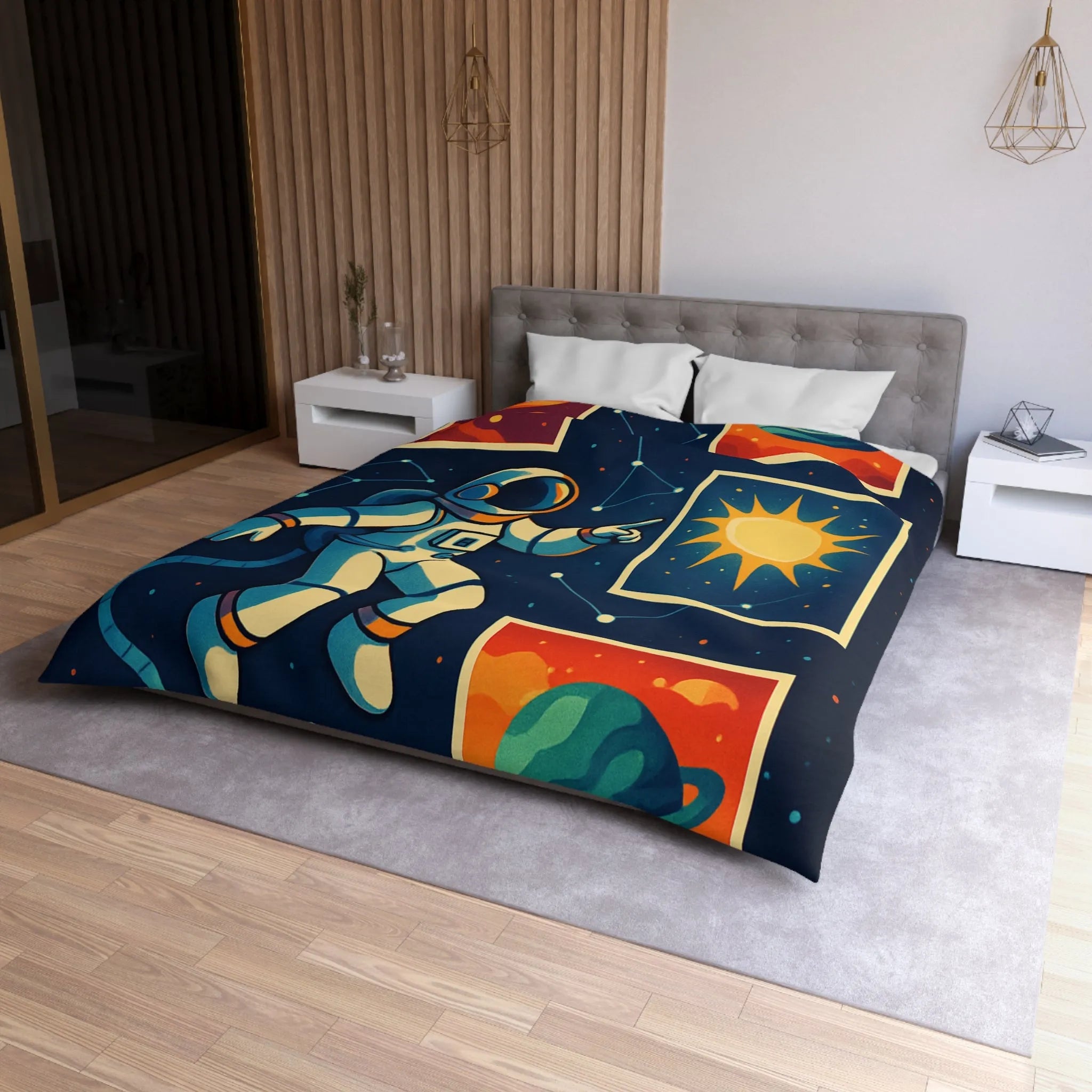 Housse de Couette Espace: Astronaute Flottant parmi Planètes et Constellations, Nuit Étoilée