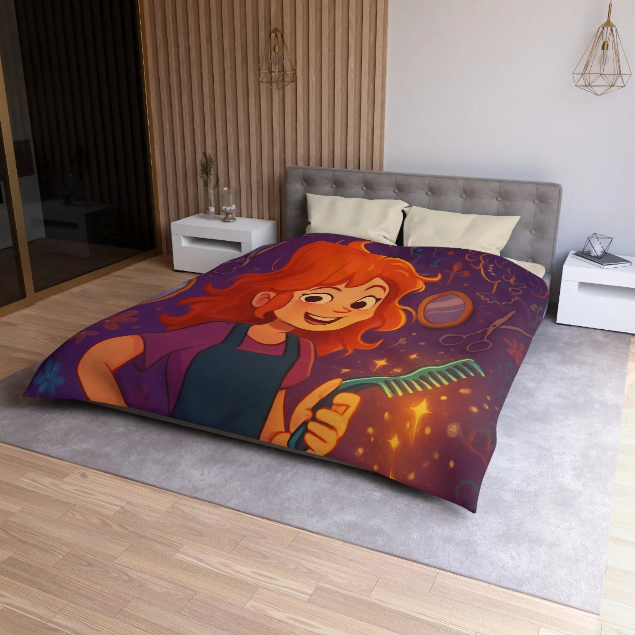 Housse de Couette Colorée avec Fille Rieuse et Ambiance Salon de Coiffure Magique