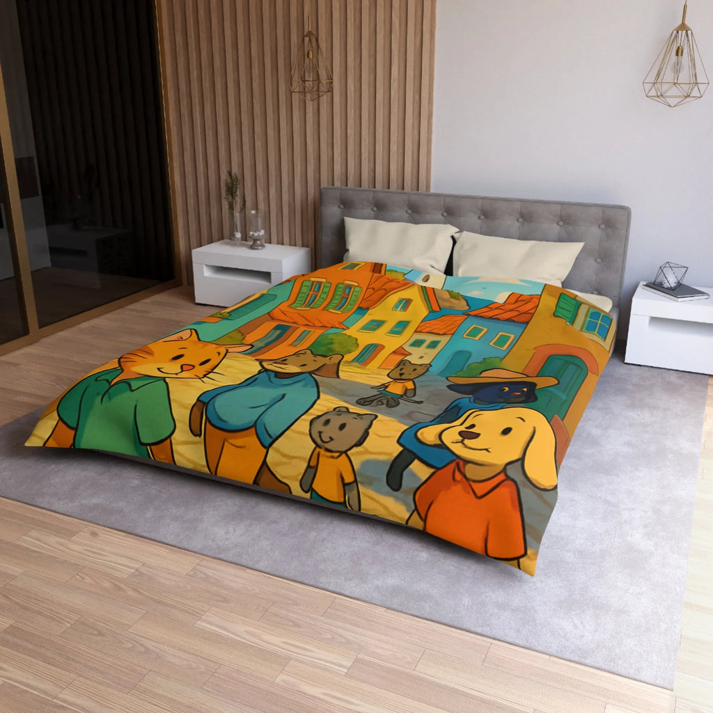 Housse de Couette Colorée avec Animaux Anthropomorphes et Lighthouse sur Rue ensoleillée