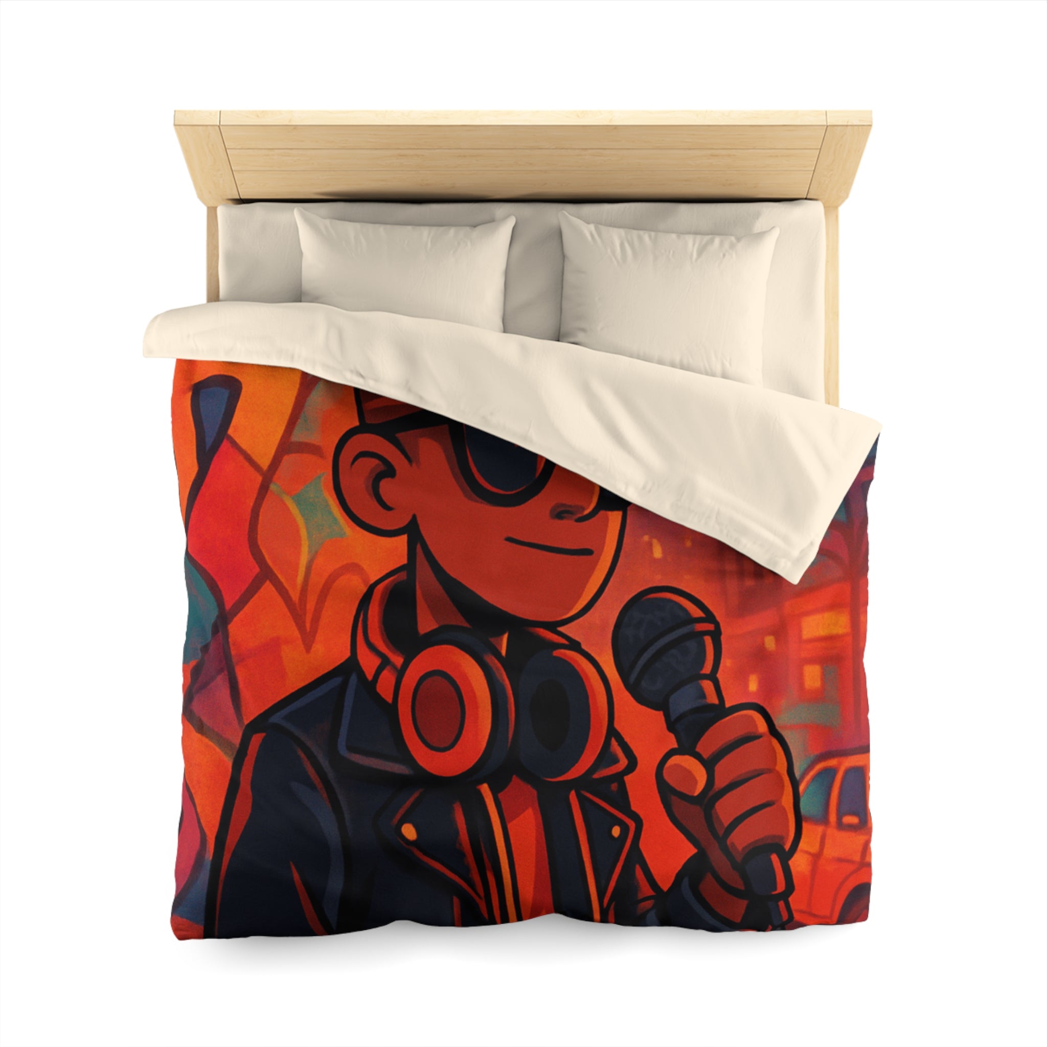 Housse de couette urbaine rétro avec chanteur hip-hop et graphismes vibrants de ville