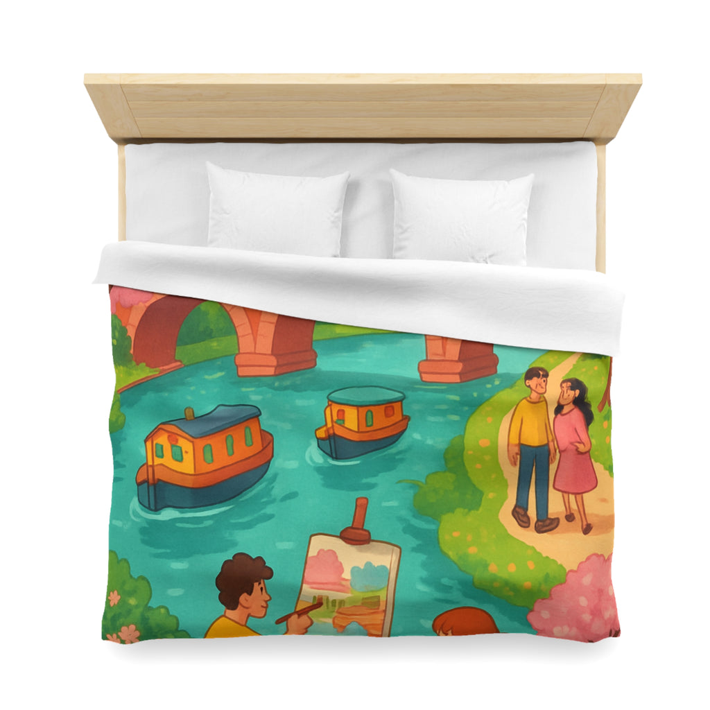 Housse de couette printemps campagne avec paysage pont, arbres en fleurs, artistes peignant