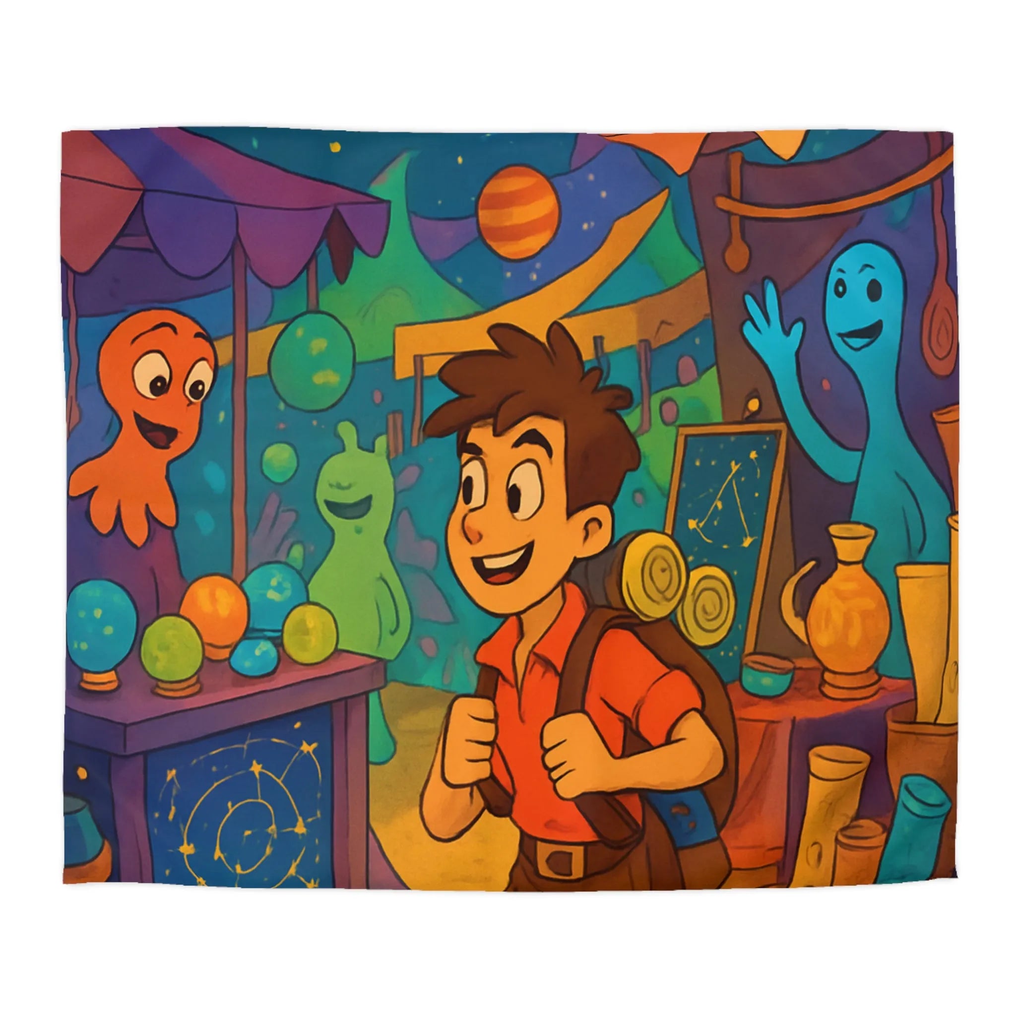 Housse de couette enfant monde fantastique avec planètes et créatures colorées