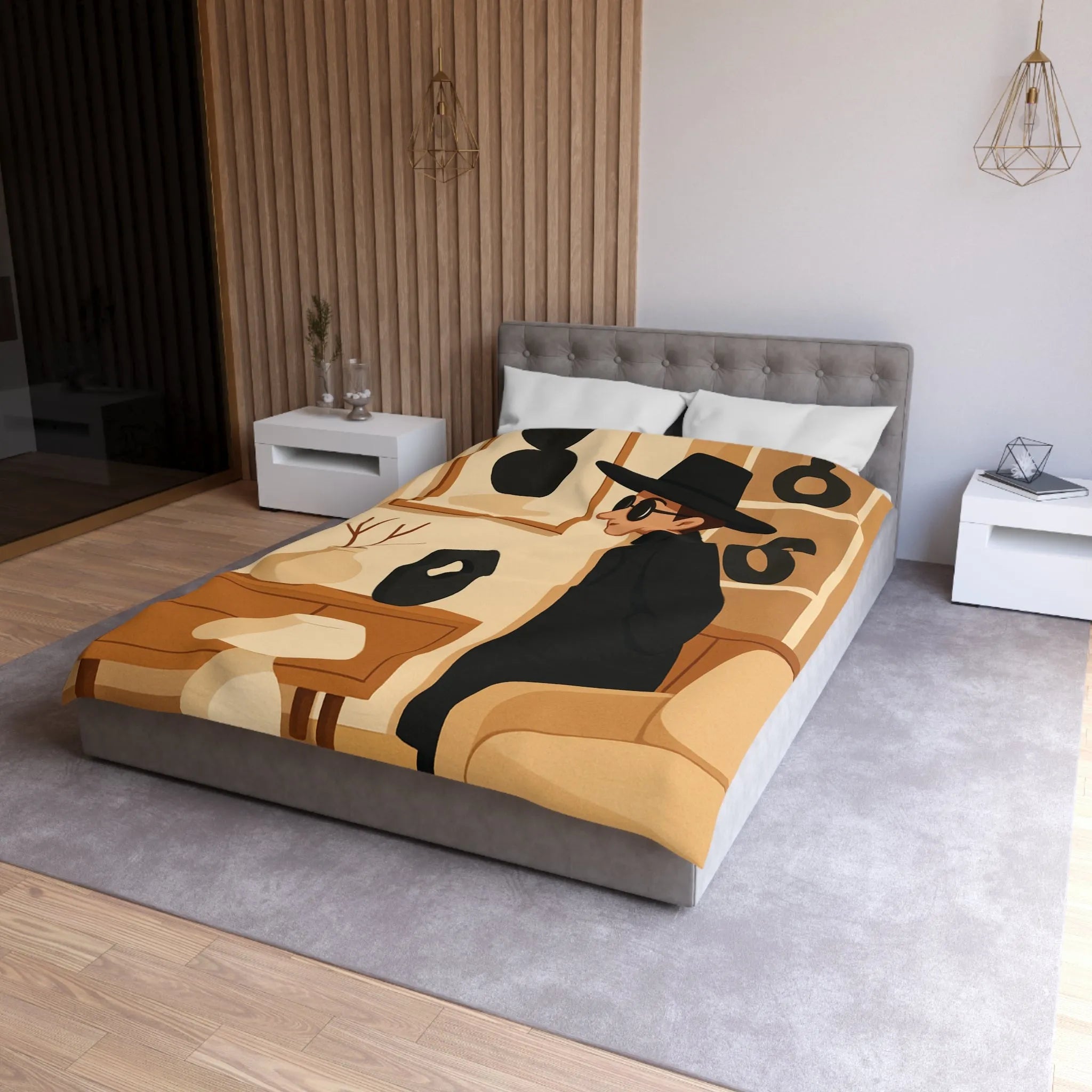 Élégant homme en noir dans salon moderne minimaliste aux accents artistiques abstraits