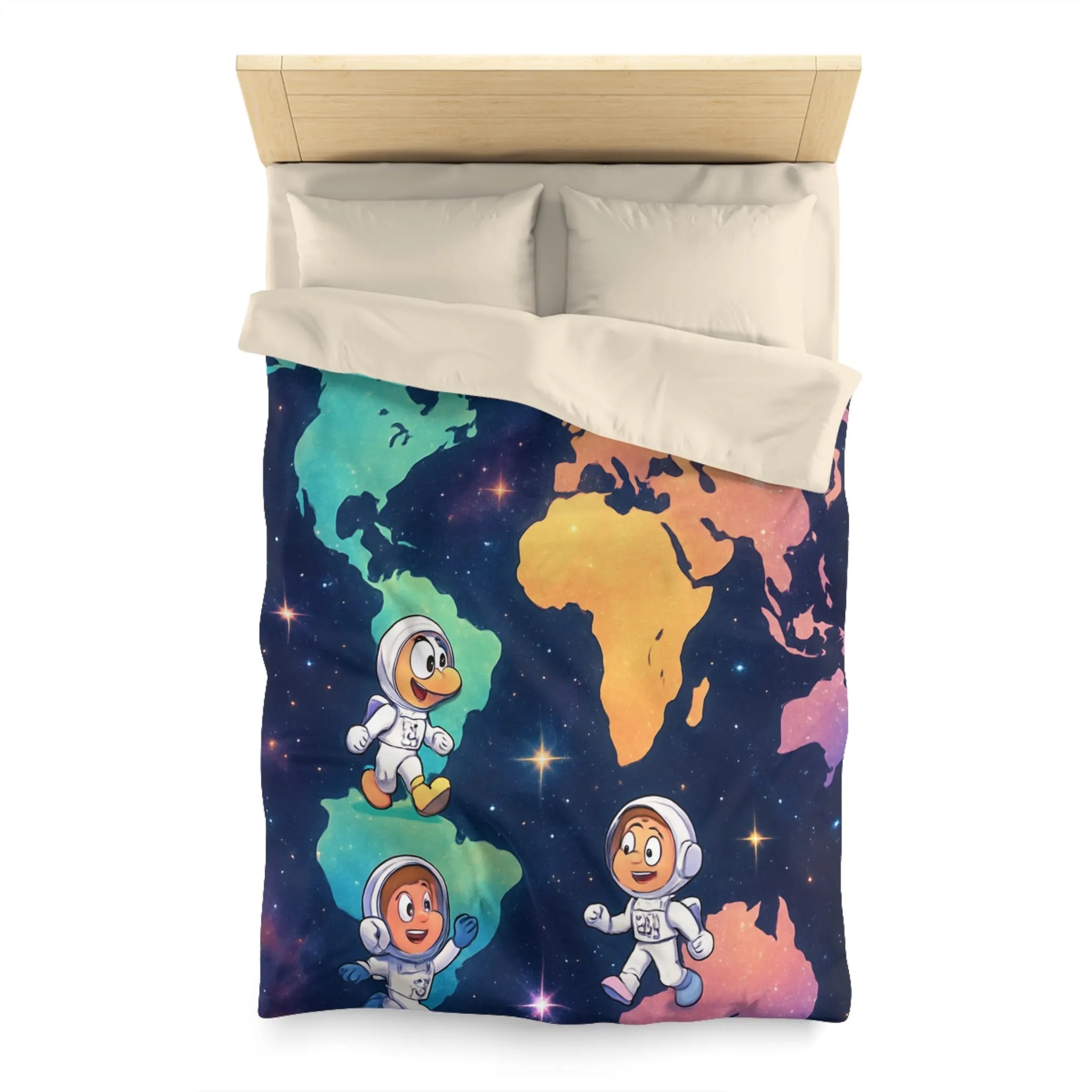 Housse de Couette Astronaute Enfantine Arc-en-Ciel Monde Spacieux Carte Terre Étoilée Cosmonautes Rêveurs