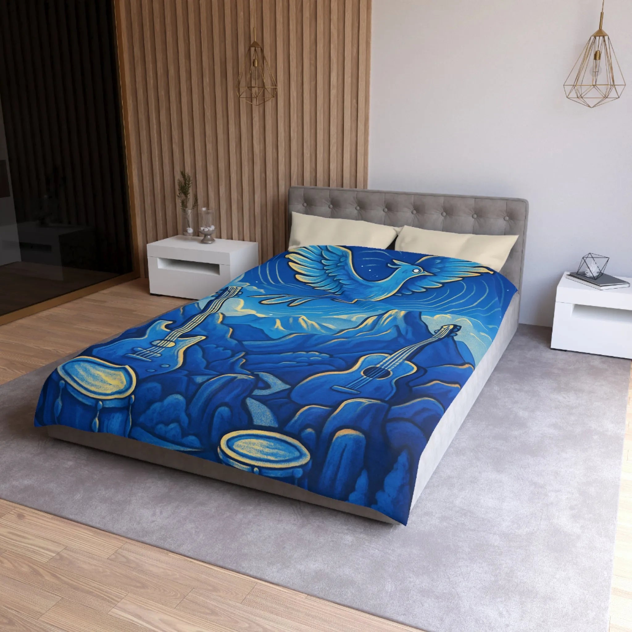Housse de couette mélodieuse avec oiseau bleu et instruments de musique en montagne