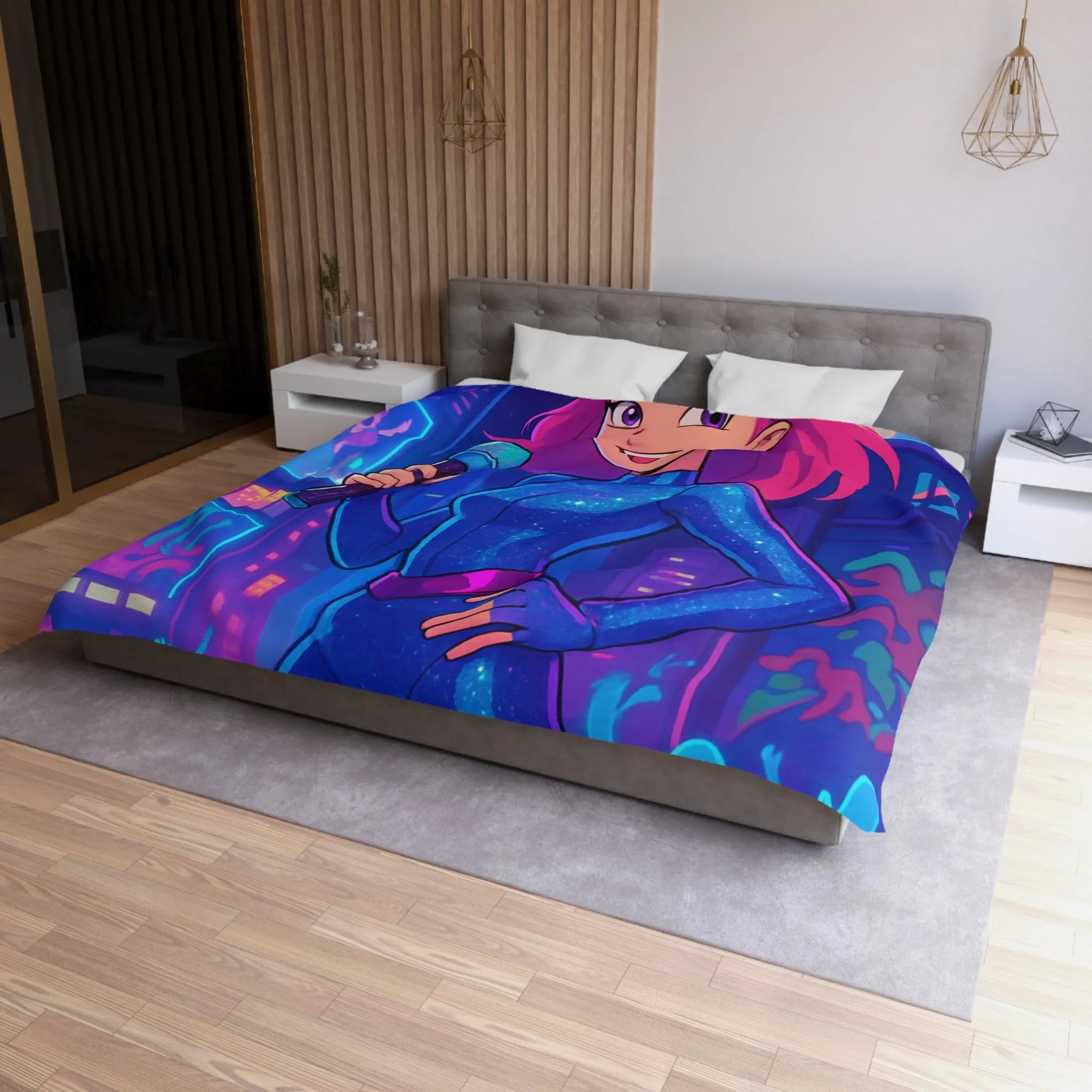 Housse de couette avec chanteuse animée en concert sur fond de ville illuminée