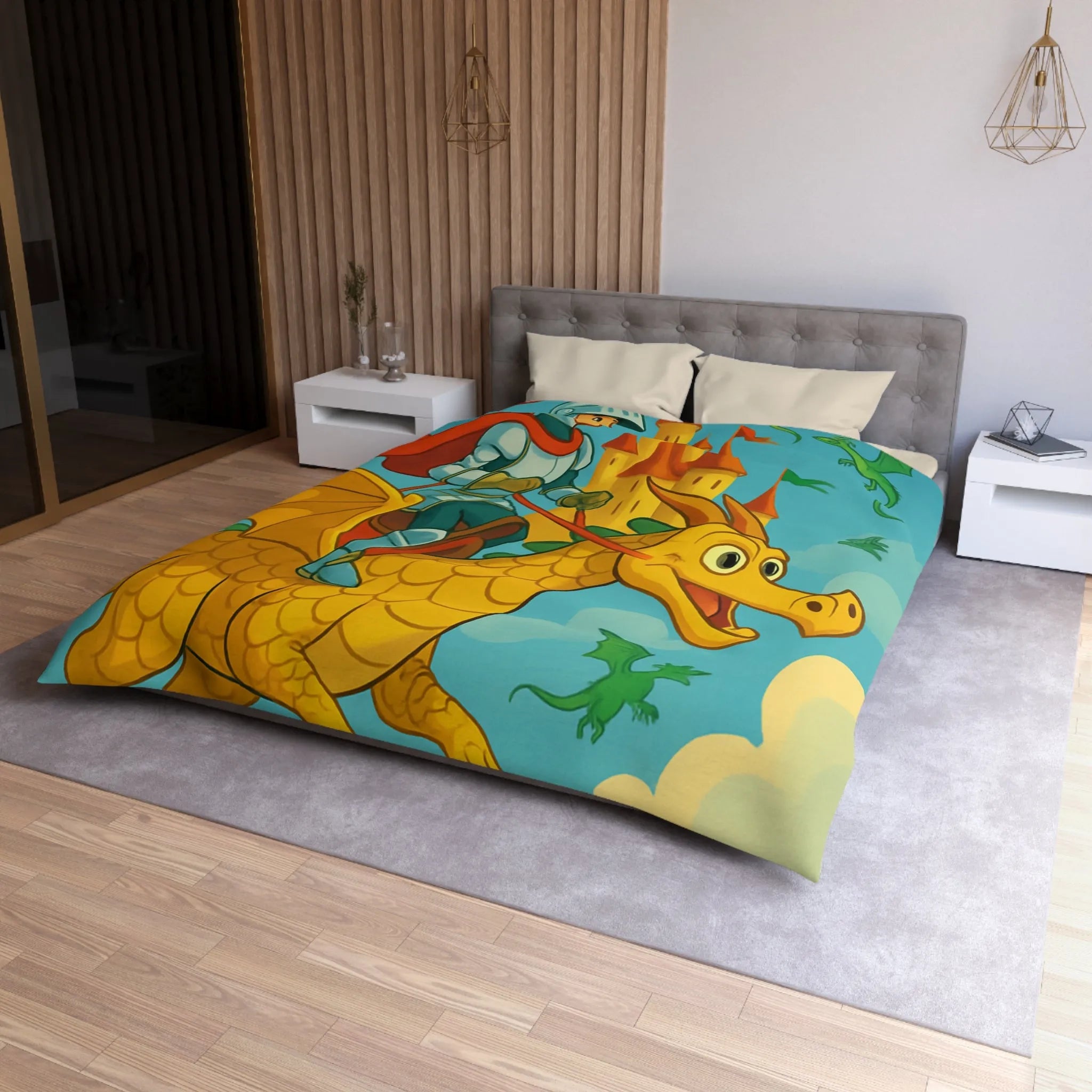 Housse de couette avec chevalier courageux chevauchant un dragon doré au-dessus château fantastique