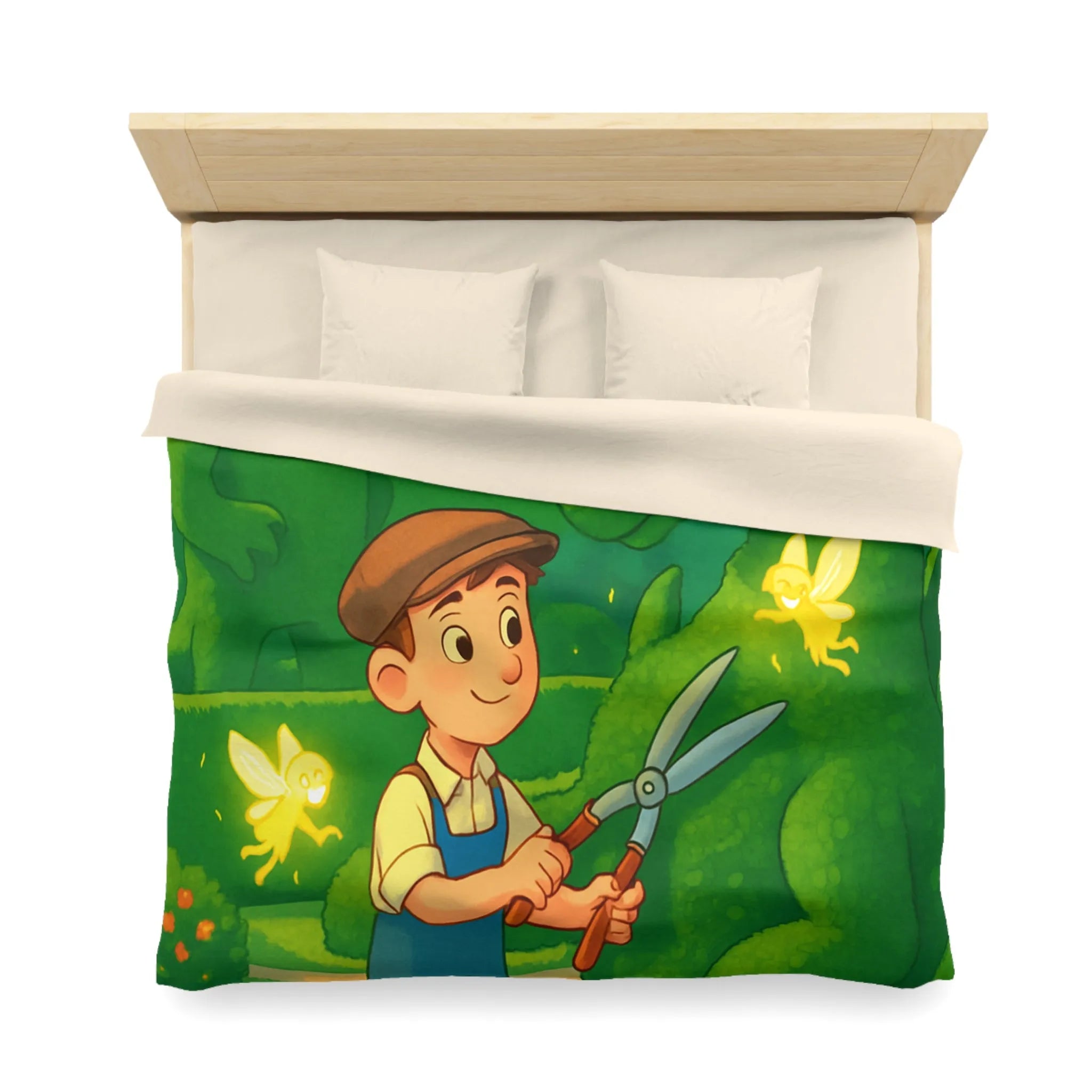 Housse de couette enfant dragon féérique avec jardin, verdure et ambiance magique naturelle