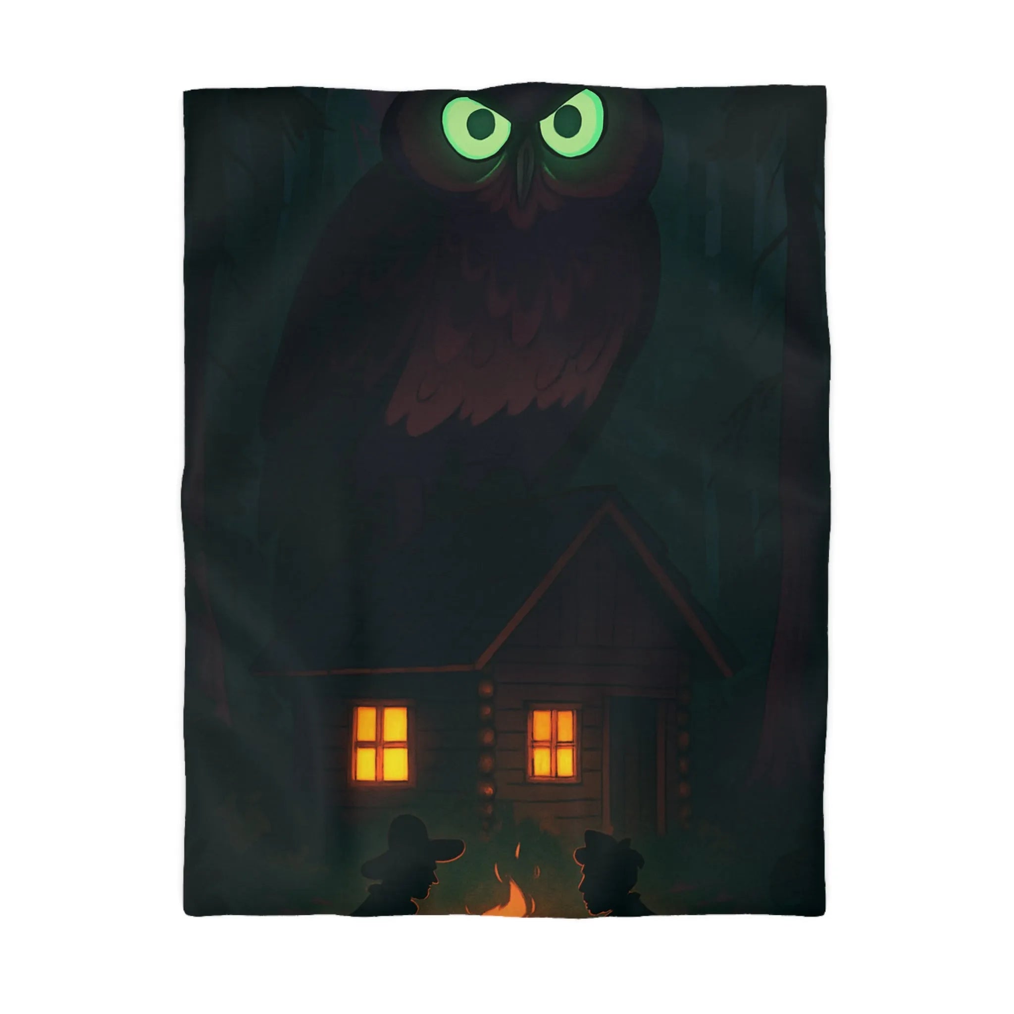 Housse de couette confortable avec illustration nocturne de forêt mystérieuse et hibou géant