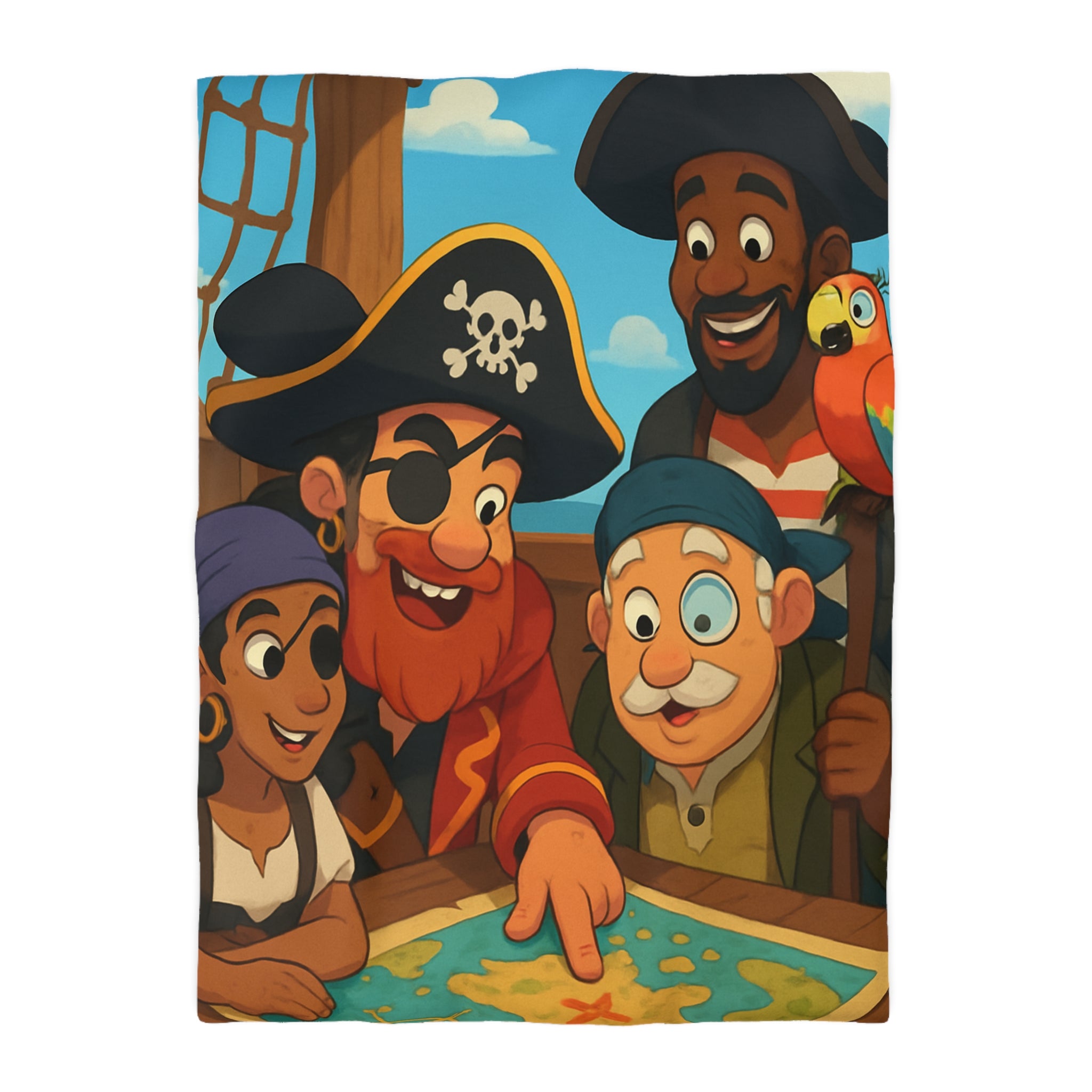 Housse de couette pirate colorée avec carte au trésor et équipage amical joyeux