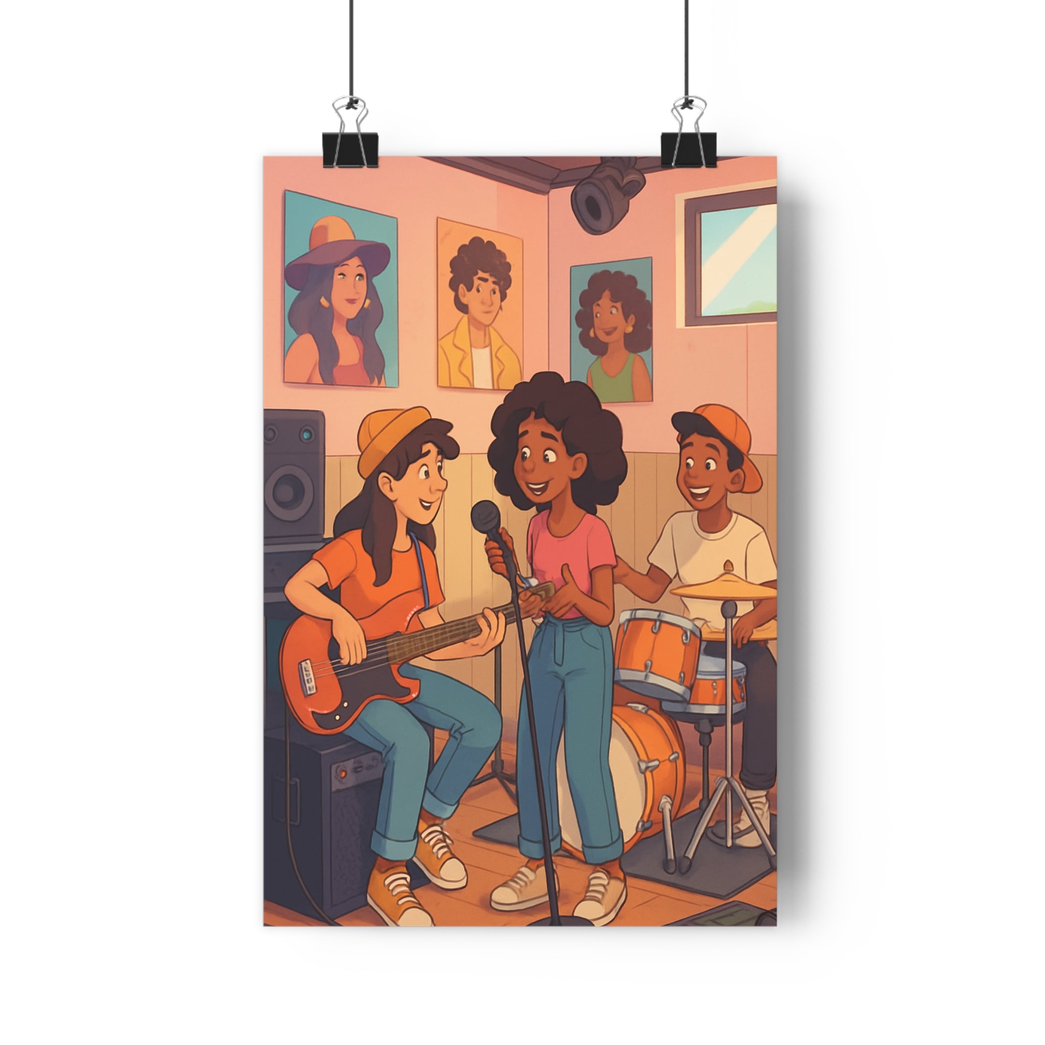 Poster décoratif animé vibrant jeunesse musique studio guitare chant batterie pêche bleu chambre qualité
