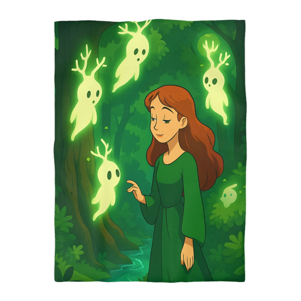 Housse de couette enchantée avec esprits lumineux dans une forêt mystérieuse et verdoyante