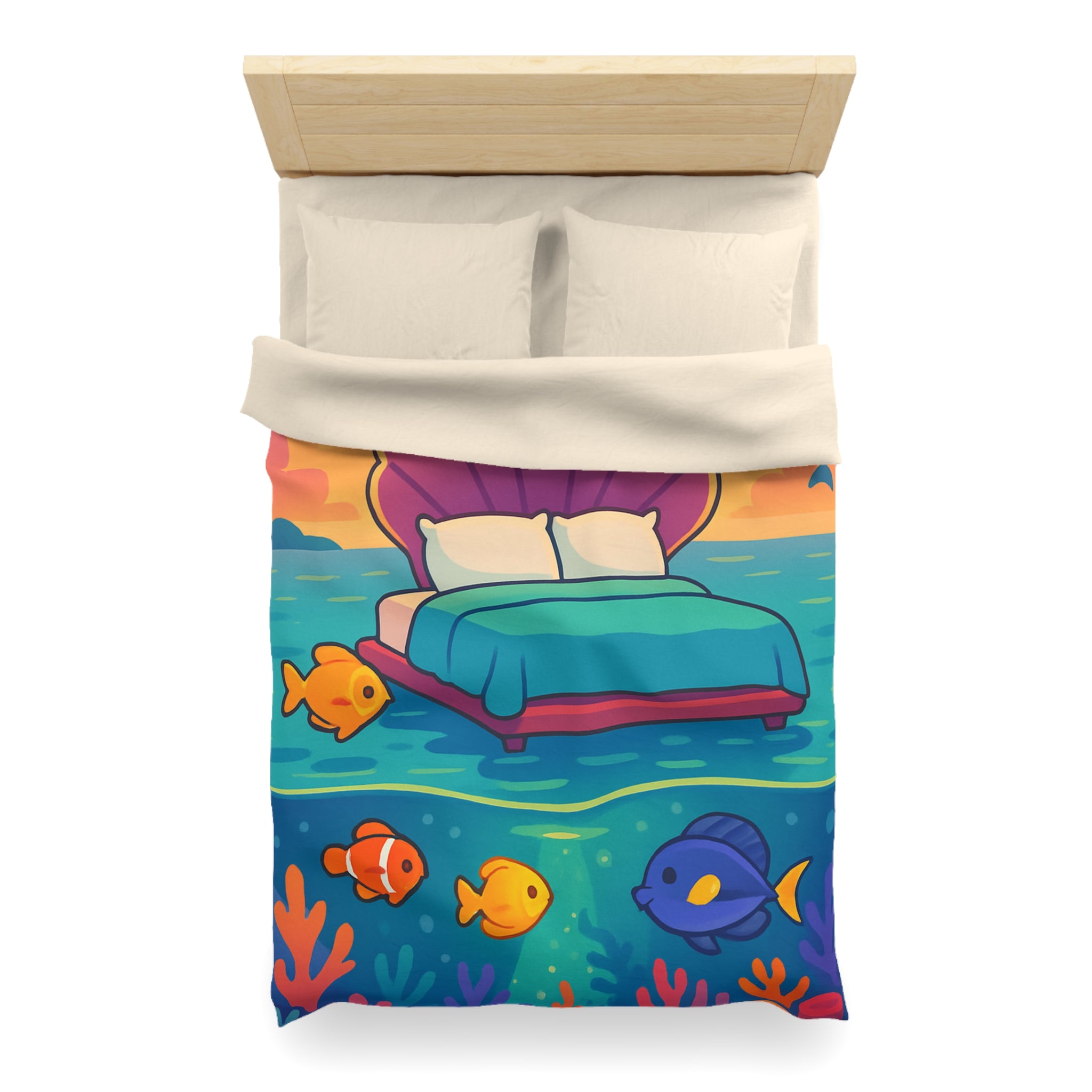 Housse de couette océan, lit coquillage, poissons tropicaux, ambiance coucher de soleil