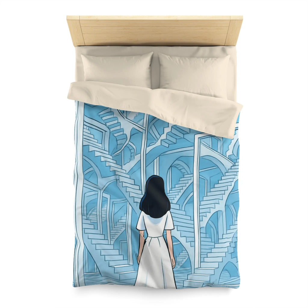 Housse de couette escalier infini en bleu avec femme en robe blanche contemporaine