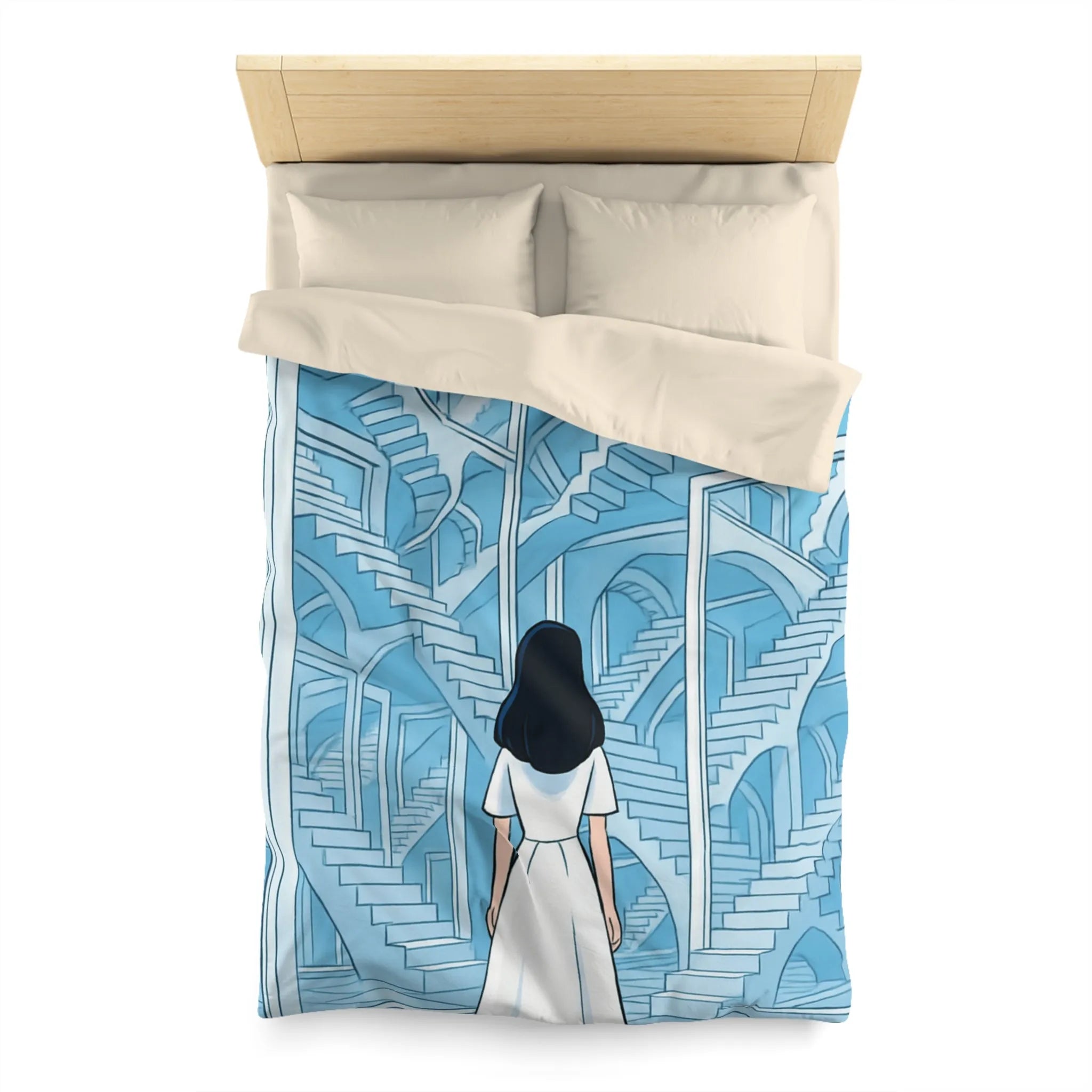 Housse de couette escalier infini en bleu avec femme en robe blanche contemporaine