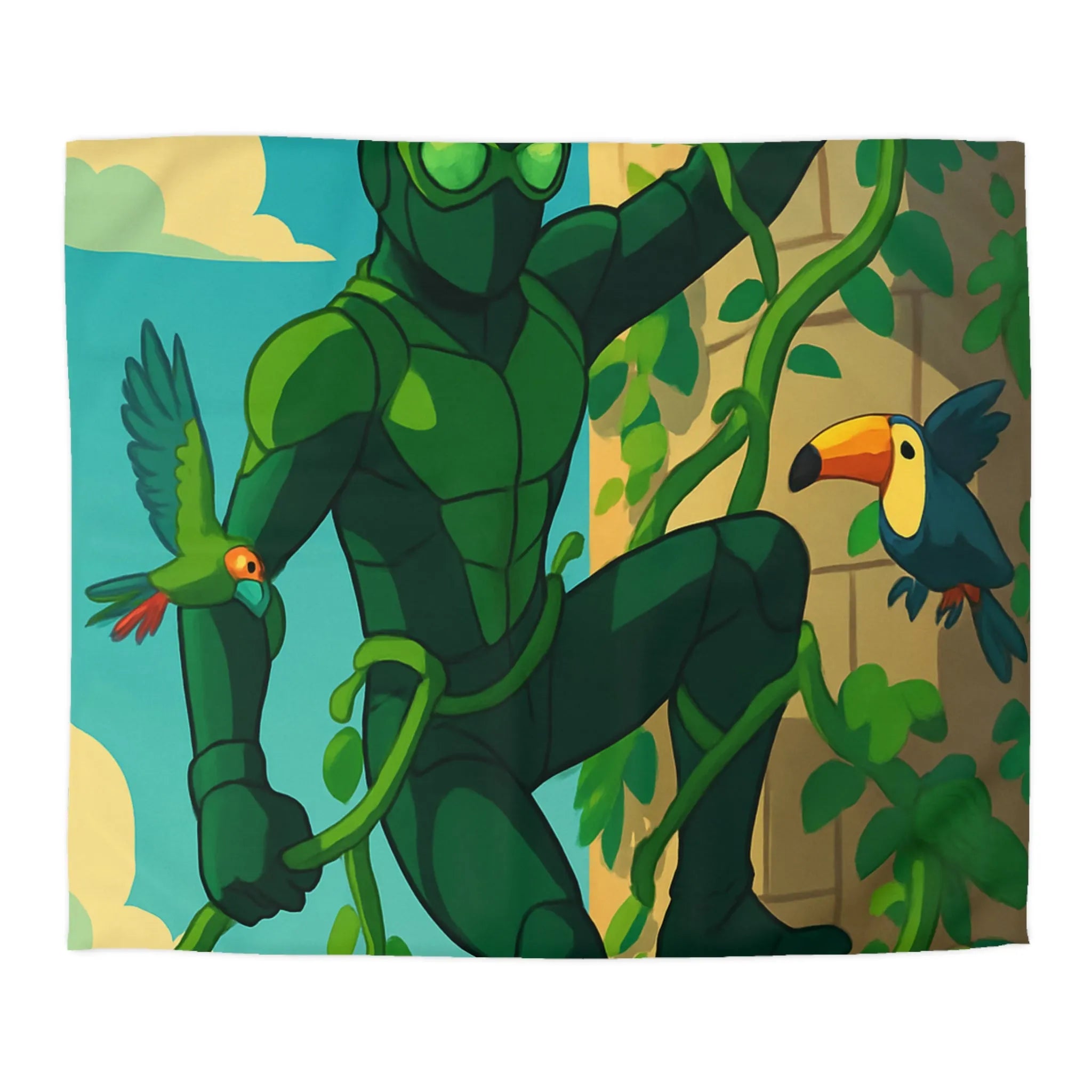 Housse de couette jungle animée avec héros vert grimpant et oiseaux colorés