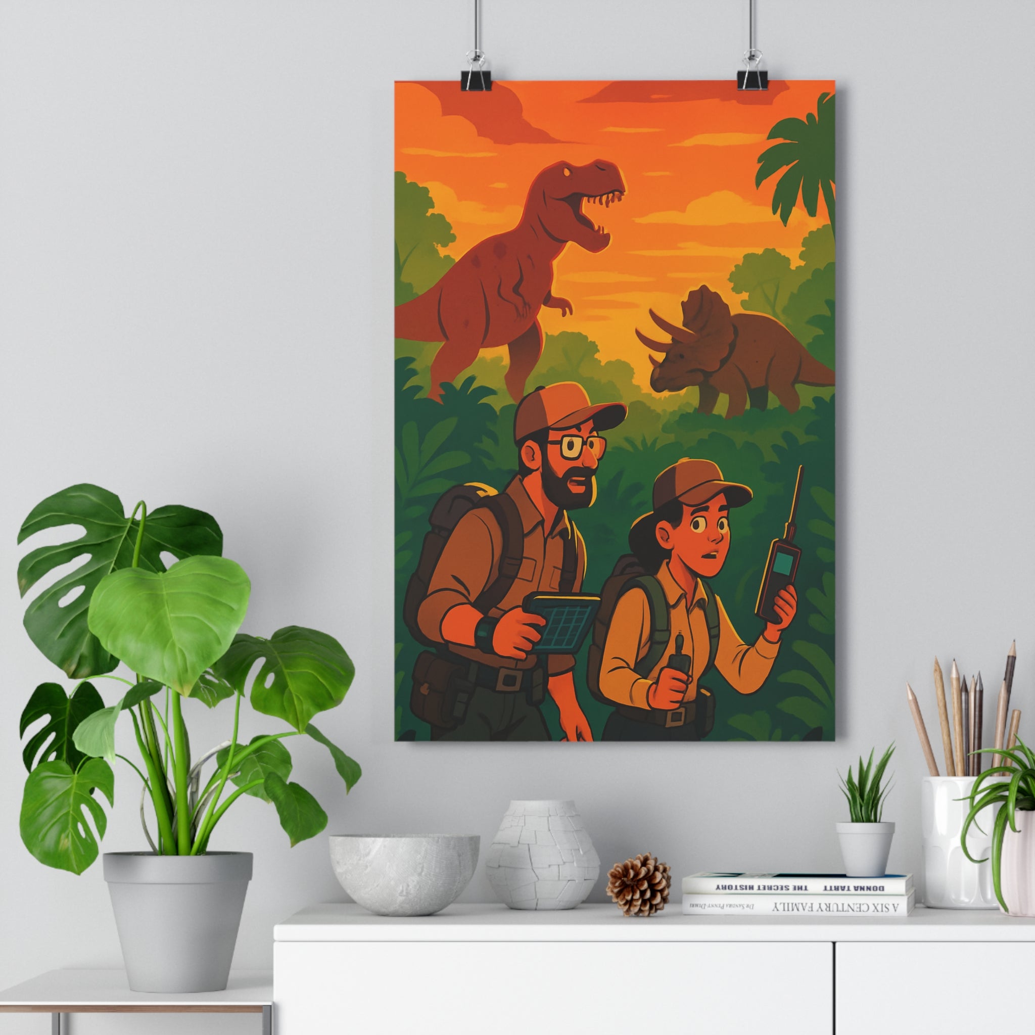 Poster décoratif aventure jungle rétrofuturiste orange vert explorateurs chambre bureau dynamique captivant ambiance qualité