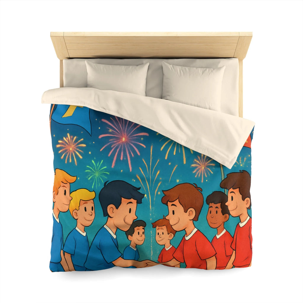 Housse de couette colorée inspirée du football avec feux d'artifice et équipe en action