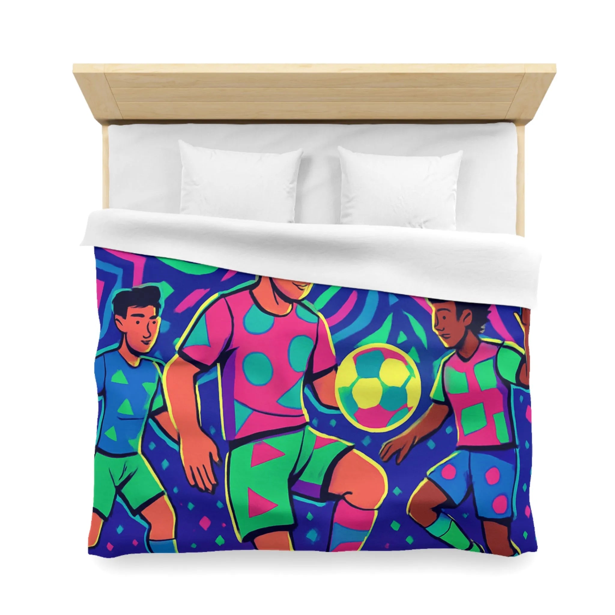 Housse de Couette Football Colorée avec Motifs Psychédéliques et Jeunes Joueurs en Action