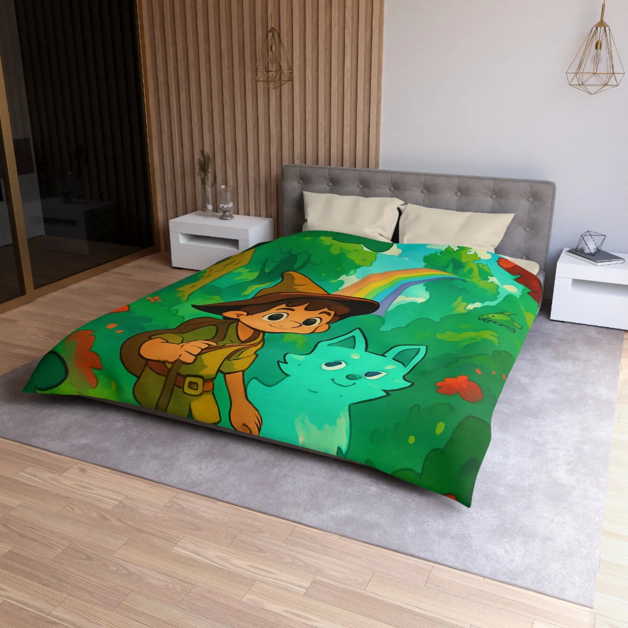 Housse de Couette Enfant avec Petit Sorcier et Animal Magique sous Arc-en-ciel