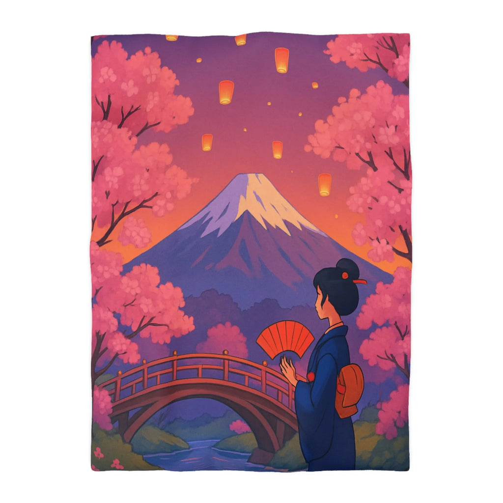 Housse de couette japonaise avec cerisiers, lanterne et vue sur le Mont Fuji