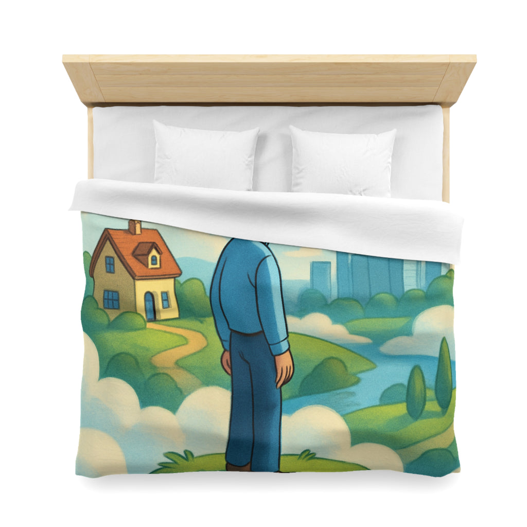 Illustration de rêve serein de paysage flottant avec personnage et ville éloignée