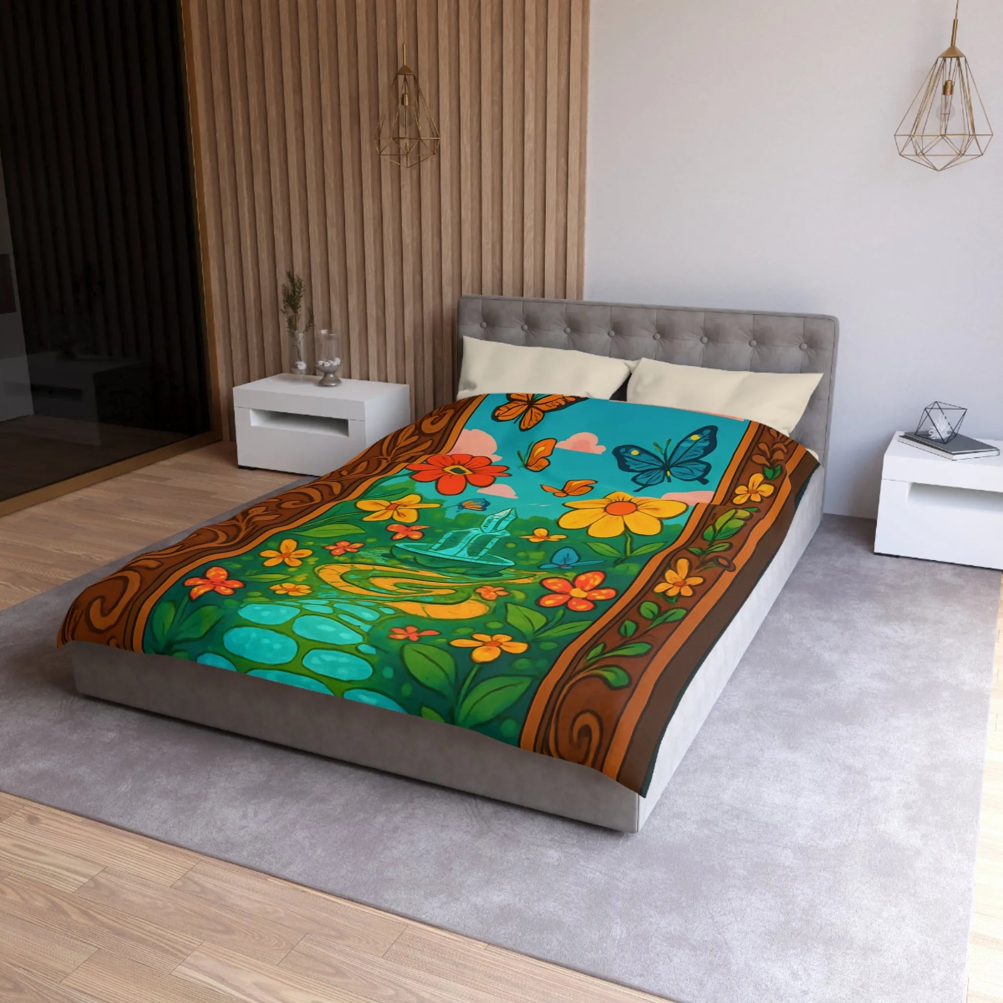 Housse de couette colorée avec papillons et fleurs dans un jardin enchanté vibrant