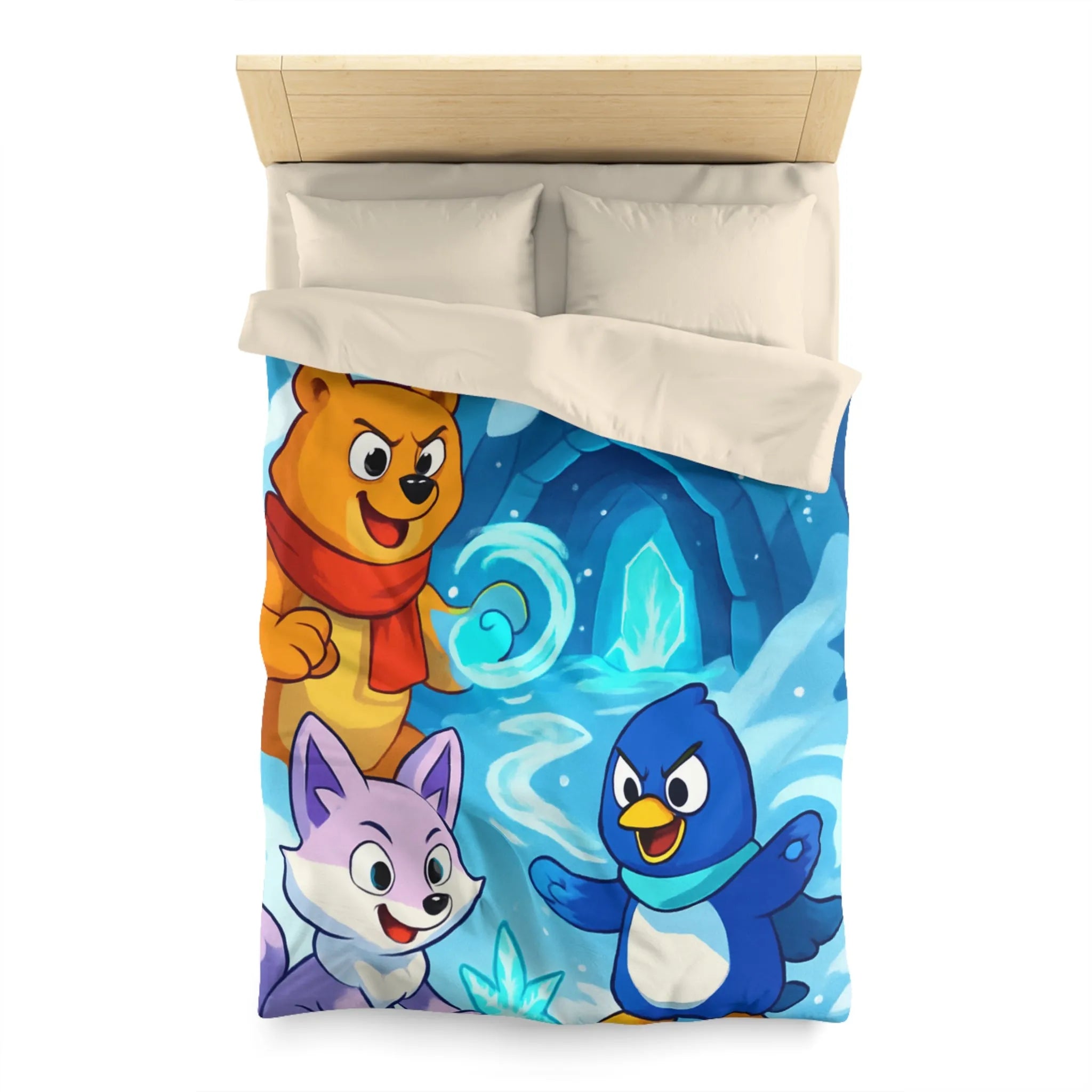 Housse de couette avec animaux animés dans un paysage hivernal magique et enneigé