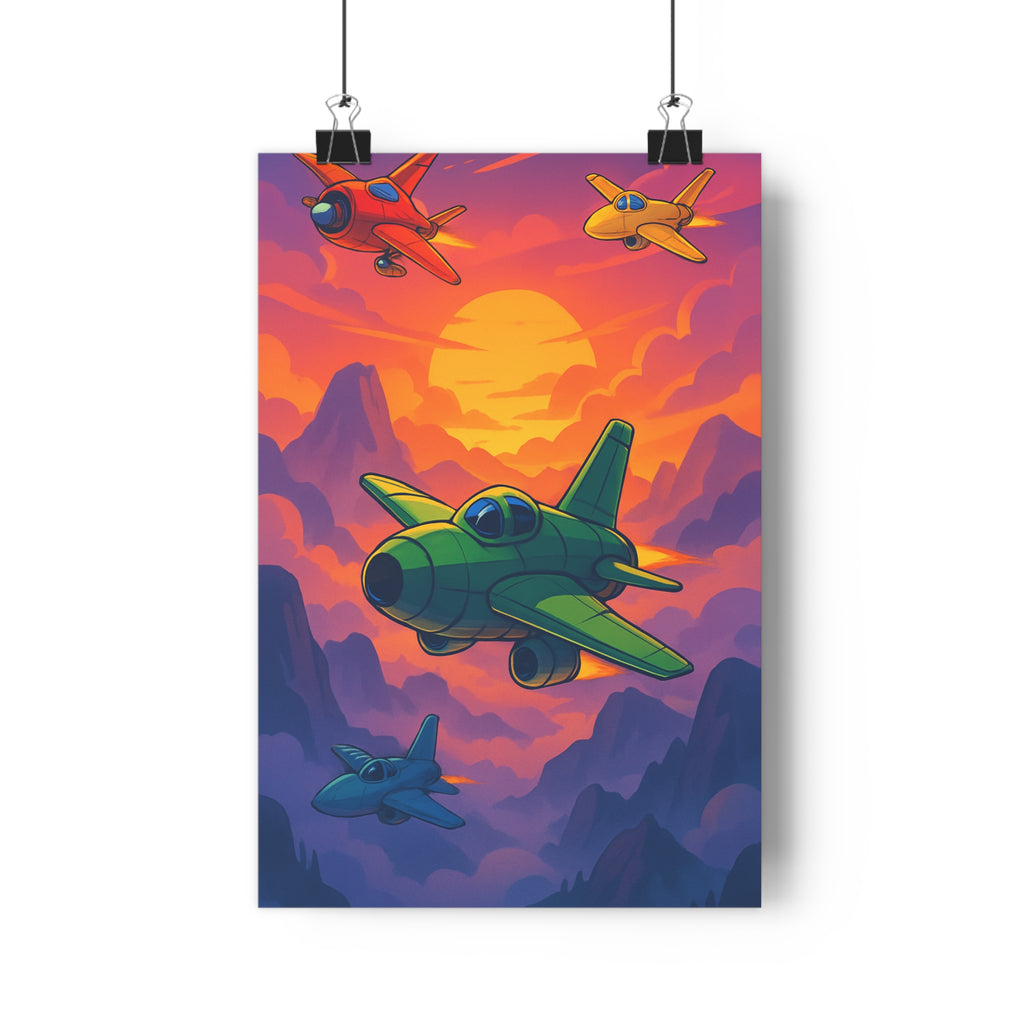 Poster décoratif anime vibrant rouge jaune bleu aventure chambre salon coucher soleil paysage stylisé