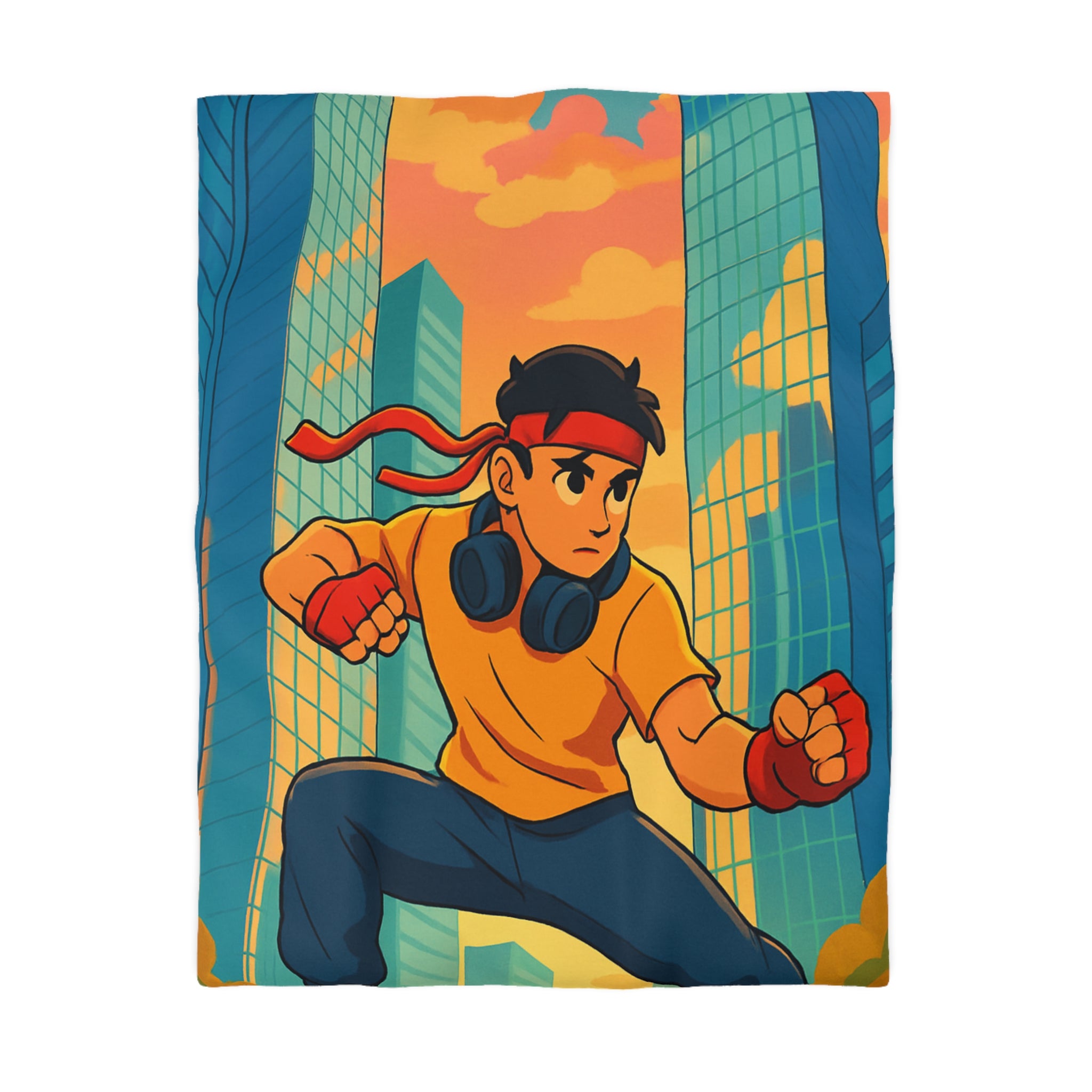 Housse de Couette Style Urbain Colorée avec Jeune Héros en Ville Moderne