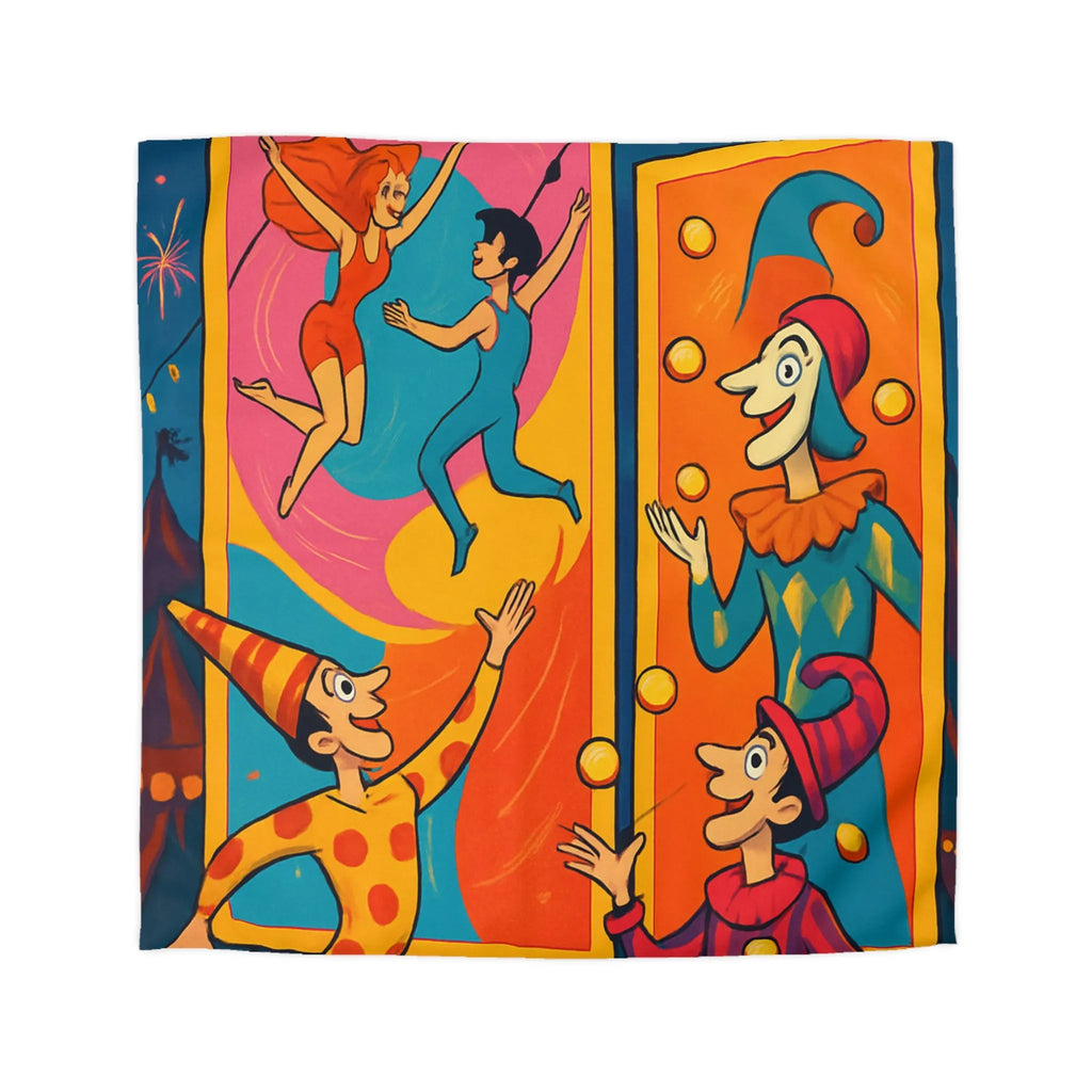Housse de couette colorée avec jongleurs et acrobates, ambiance festive et joyeuse