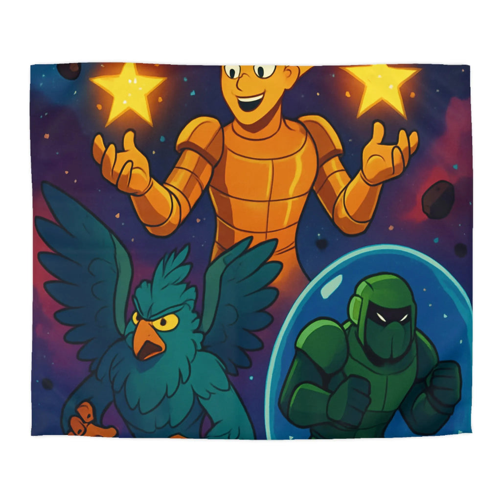 Housse de couette colorée avec personnages fantastiques: héros flamboyant, créature ailée, soldat galactique