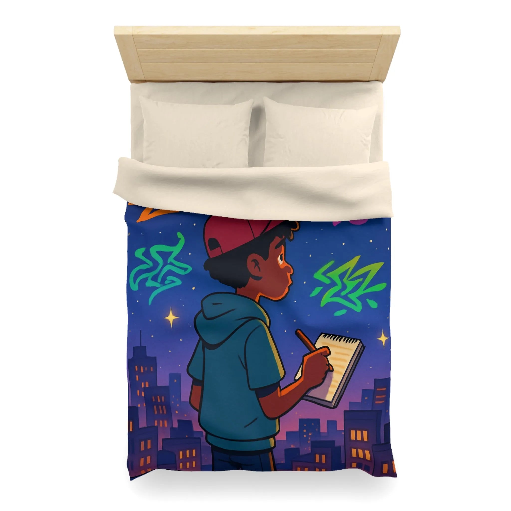 Housse de couette avec jeune artiste dessinant sous un ciel étoilé urbain coloré