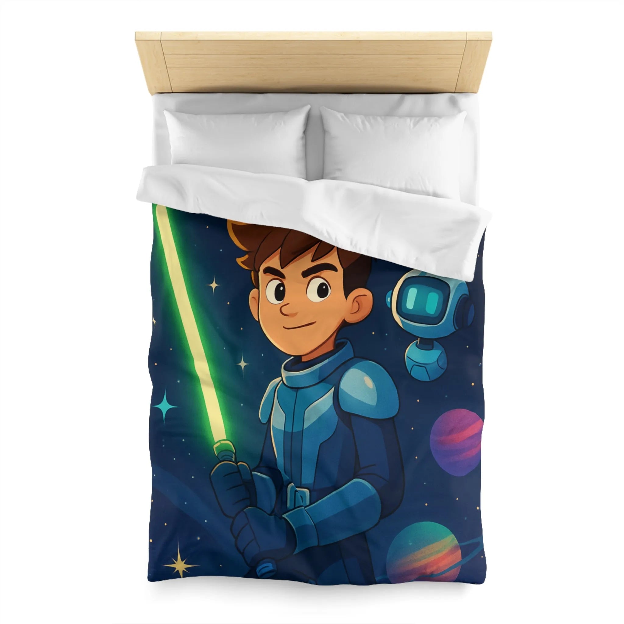 Housse de couette galactique avec enfant et robot, étoiles scintillantes et planètes colorées