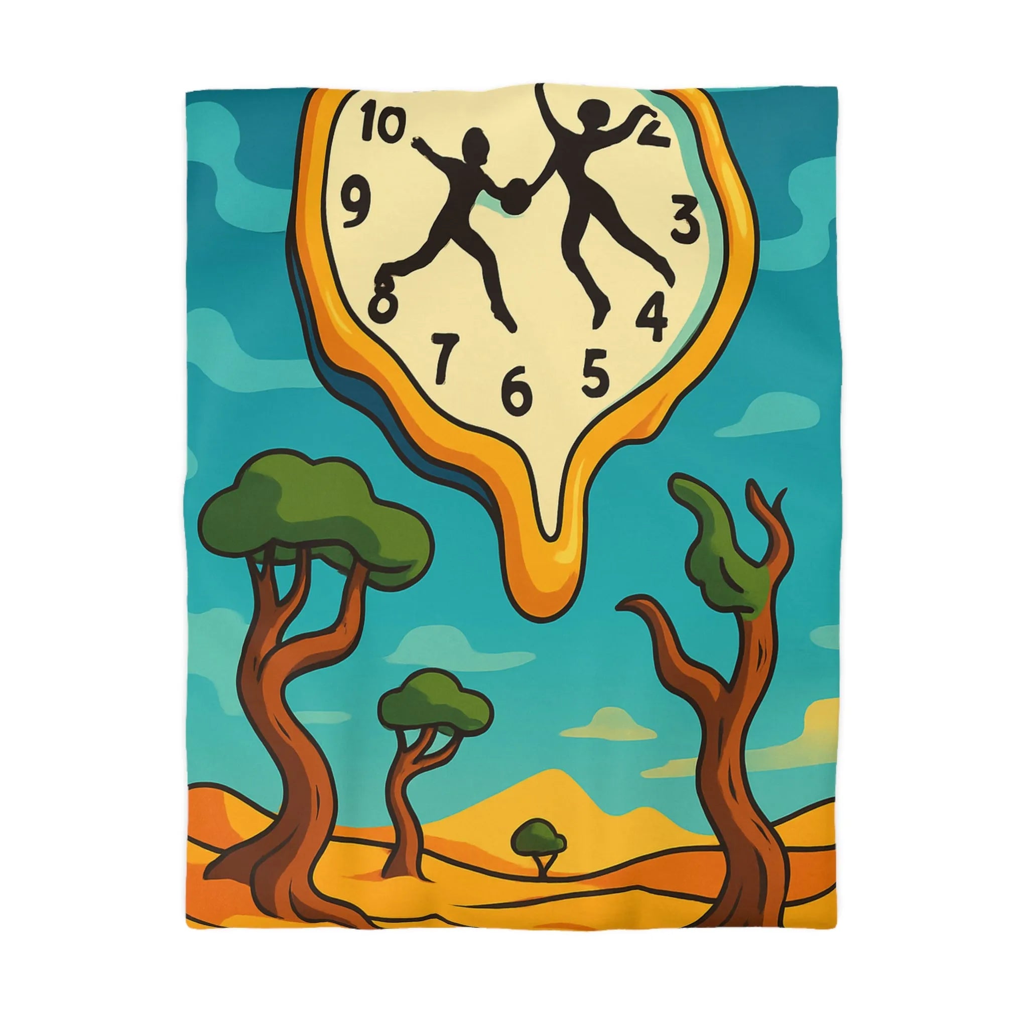 Housse de Couette Inspirée de l'Art Surréaliste avec Paysage Onirique et Horloge Fondante