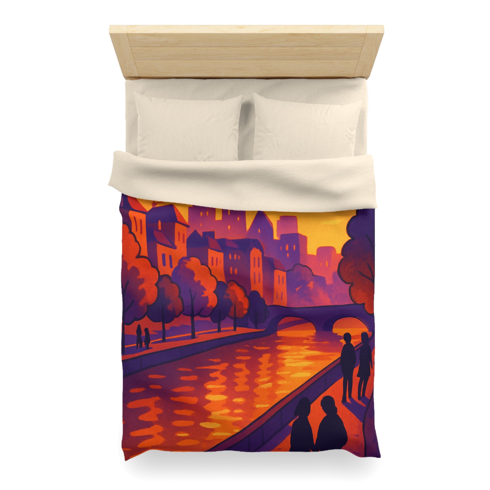 Vibrant paysage urbain crépusculaire avec silhouettes et rivière pour housse de couette