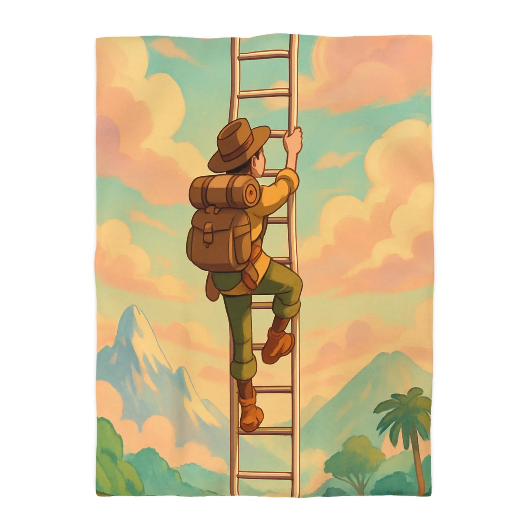 Housse de couette avec aventurier grimpant échelle vers ciel pastel et montagnes lointaines