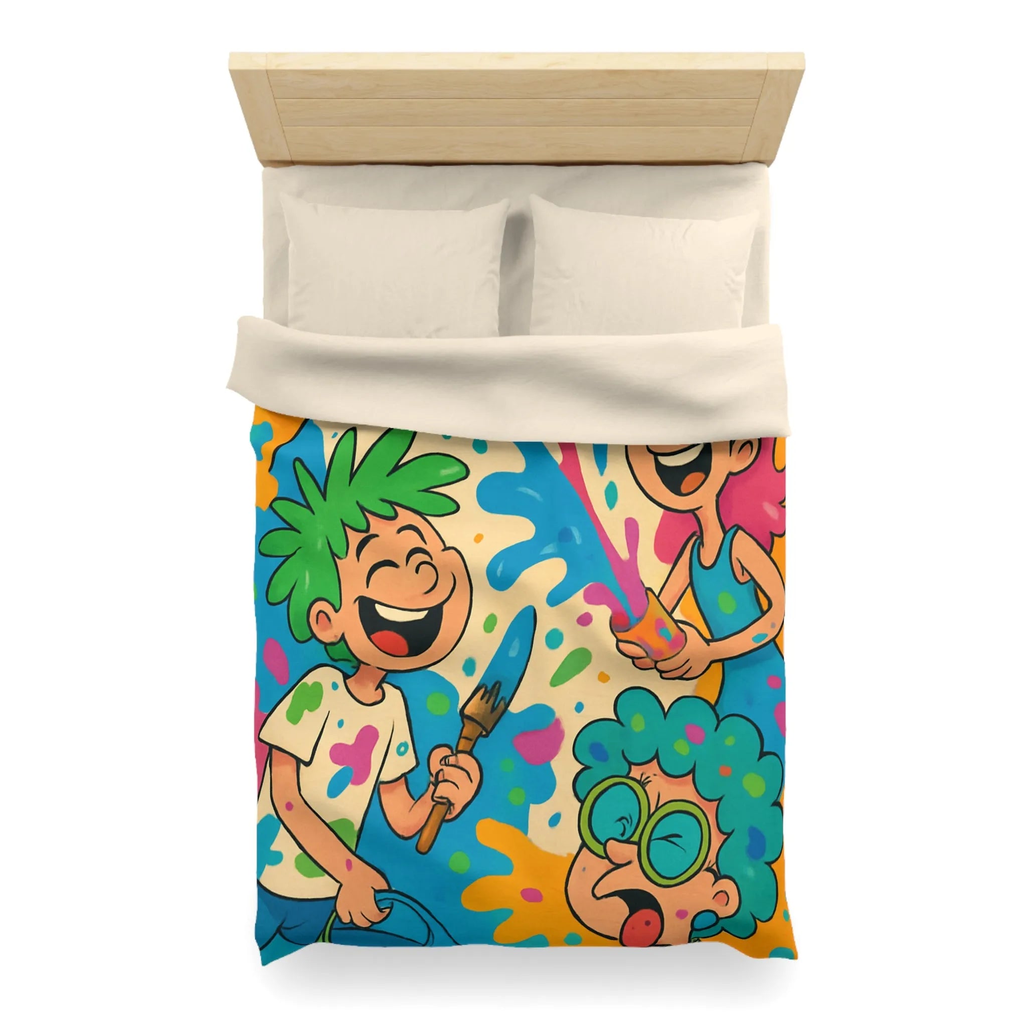 Housse de couette colorée pour enfants avec personnages joyeux et éclaboussures de peinture