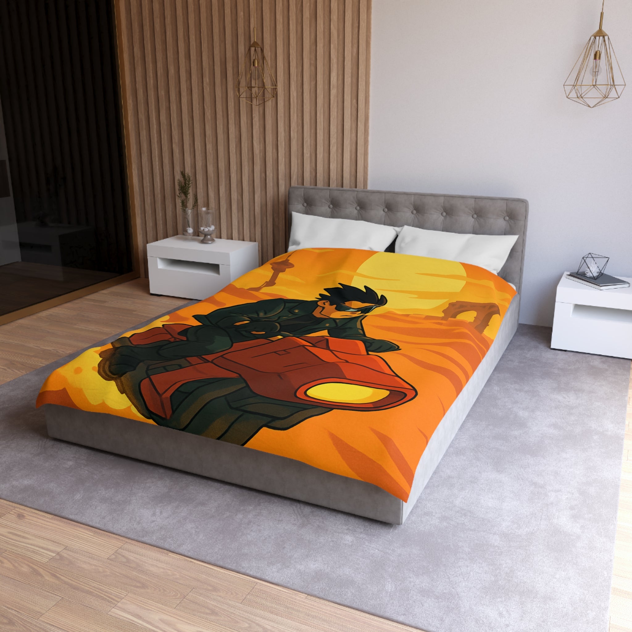 Housse de couette moto futuriste sur désert orangé avec soleil couchant et ruines