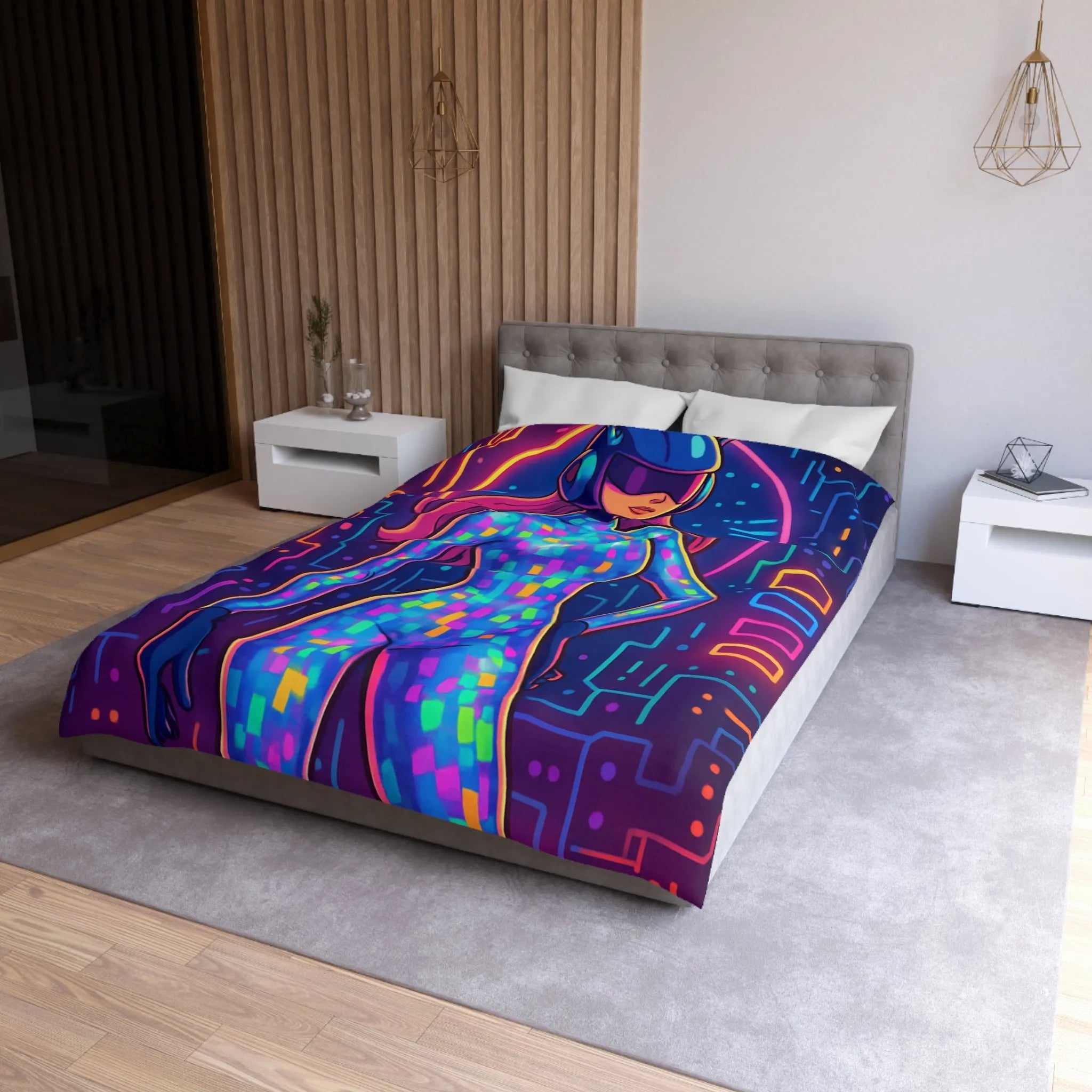 Housse de couette futuriste néon avec motif de femme cyborg colorée et lumineuse